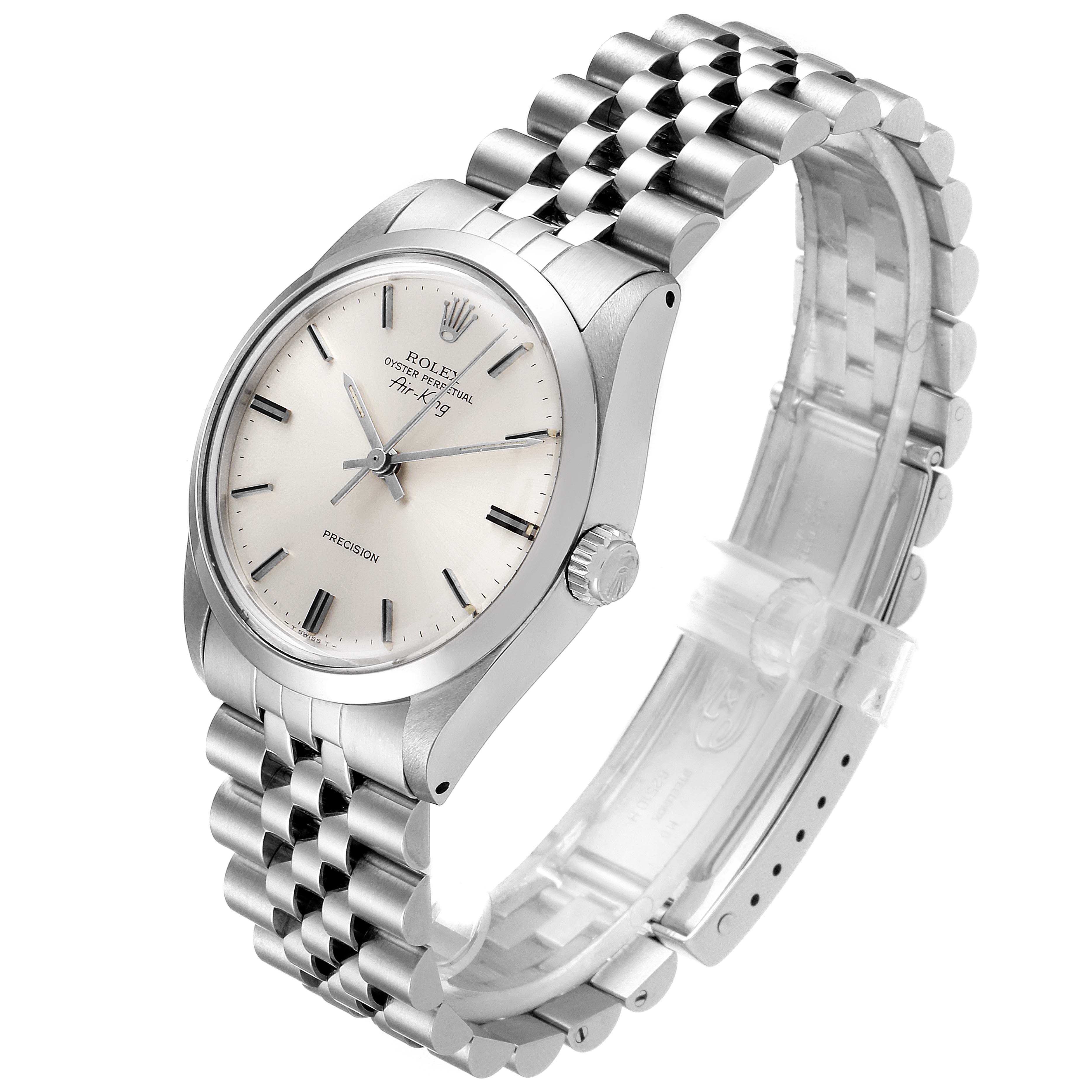 This image shows a Rolex Vintage Collection 5500 Men's Stainless Steel Silver Dial 5500 Men's Stainless Steel Silver Dial model watch angled from the front, highlighting its face, bezel, crown, and metal bracelet.