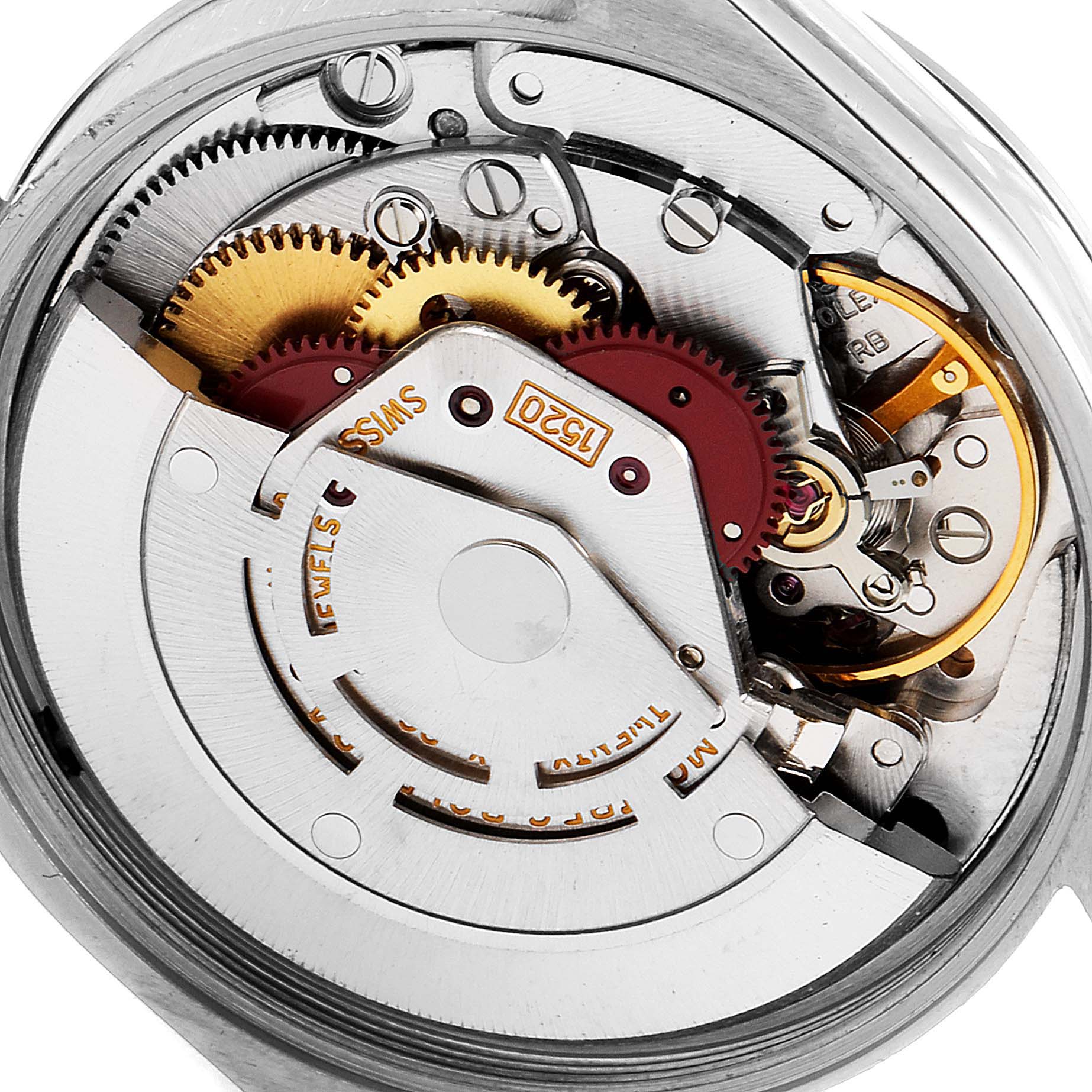 This image shows the internal mechanism and components of the Rolex Vintage Collection 5500 Men's Stainless Steel Silver Dial 5500 Men's Stainless Steel Silver Dial watch, viewed from the back.