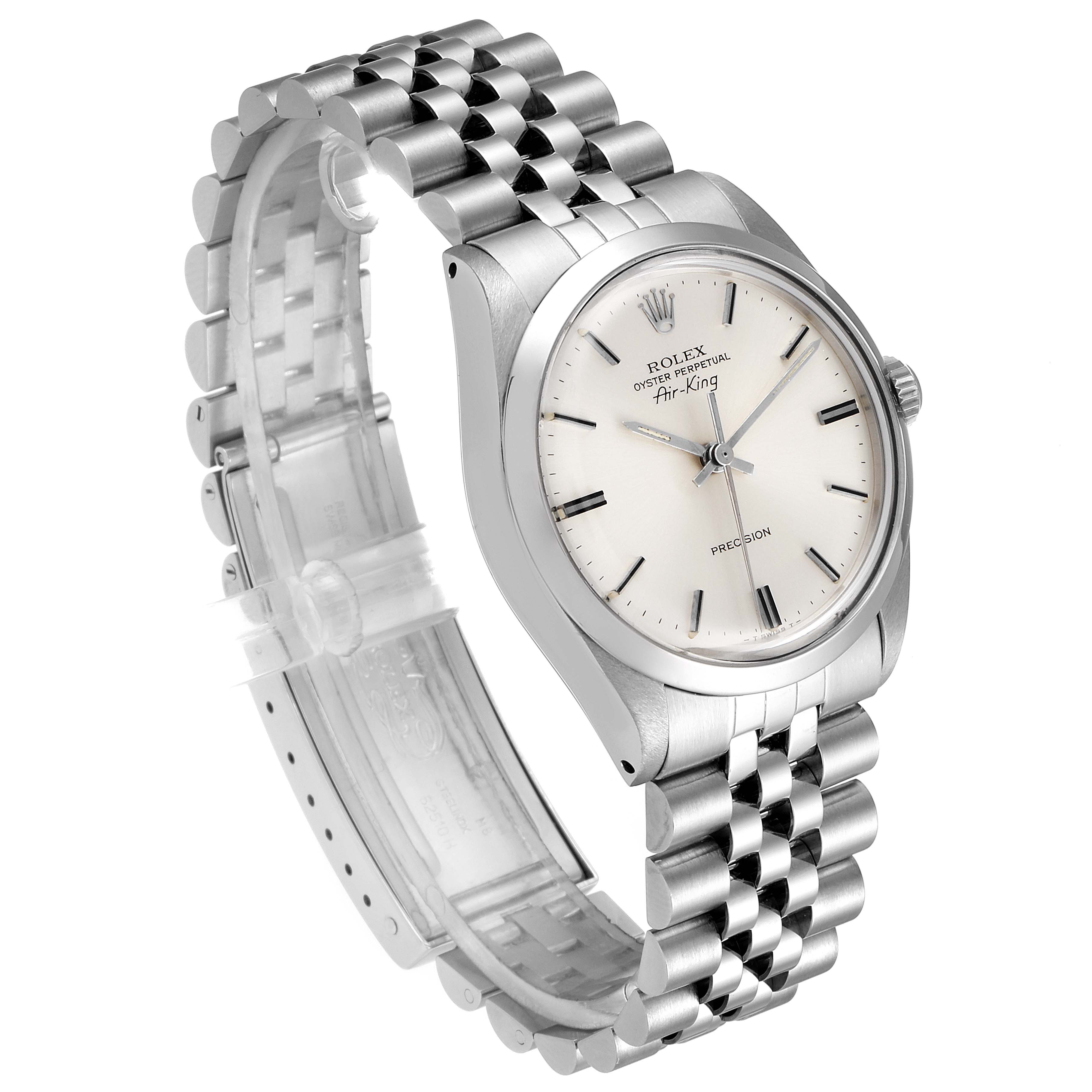 The image shows a Rolex Vintage Collection 5500 Men's Stainless Steel Silver Dial 5500 Men's Stainless Steel Silver Dial Air-King watch from a slight angled side view, highlighting its face, bezel, and bracelet.