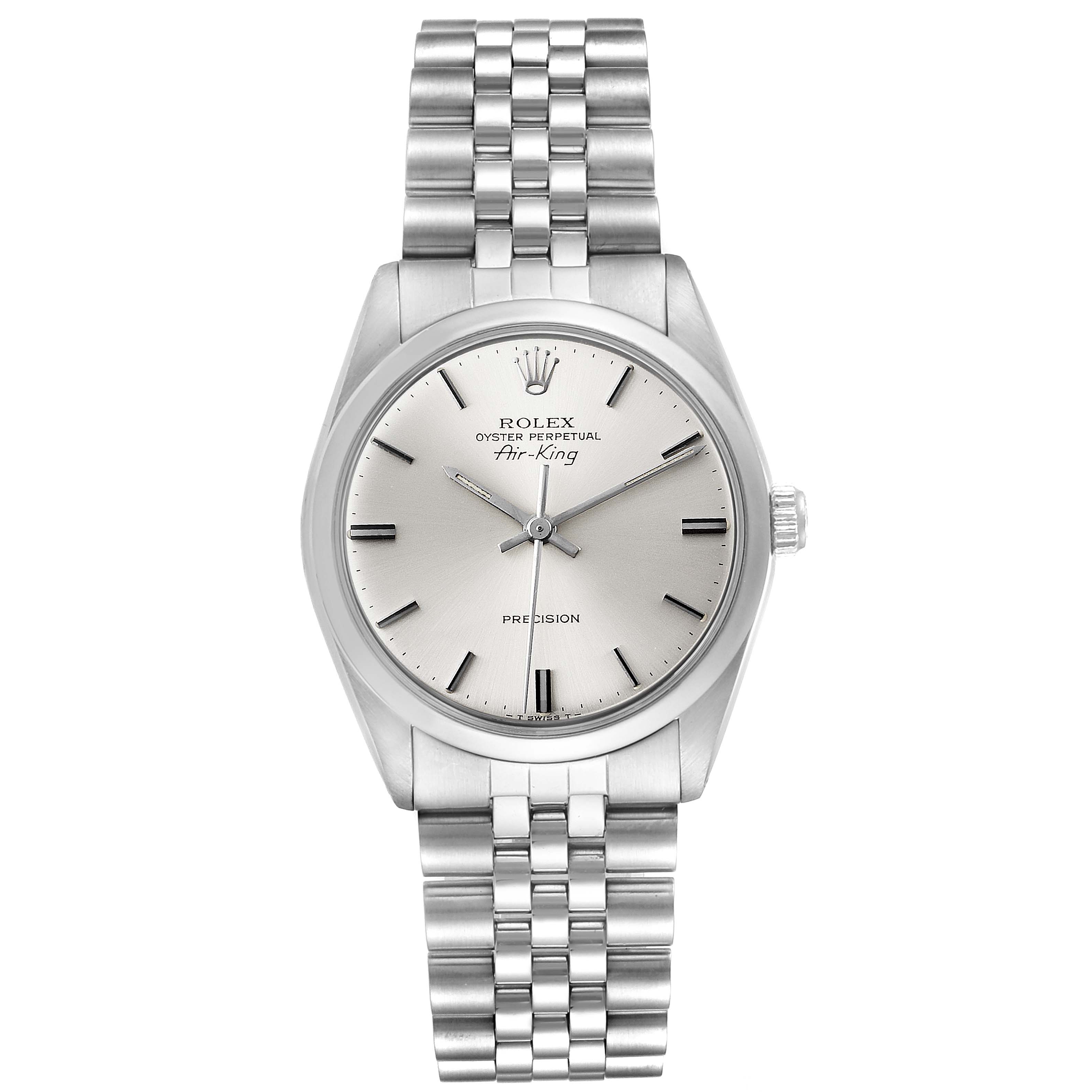 The image shows a full frontal view of the Rolex Vintage Collection 5500 Men's Stainless Steel Silver Dial 5500 Men's Stainless Steel Silver Dial Oyster Perpetual Air-King watch, including the face and bracelet.