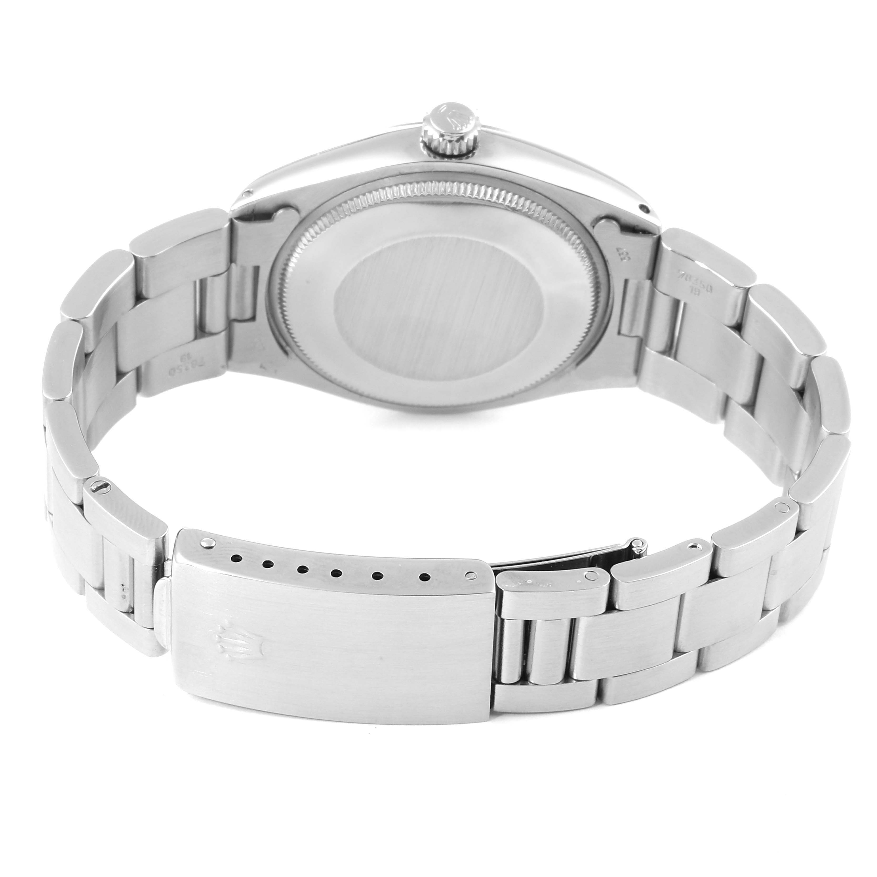 The image shows the back side of the Rolex Vintage Collection 5500 Men's Stainless Steel Silver Dial 5500 Men's Stainless Steel Silver Dial model watch, including the case back, crown, and bracelet clasp.