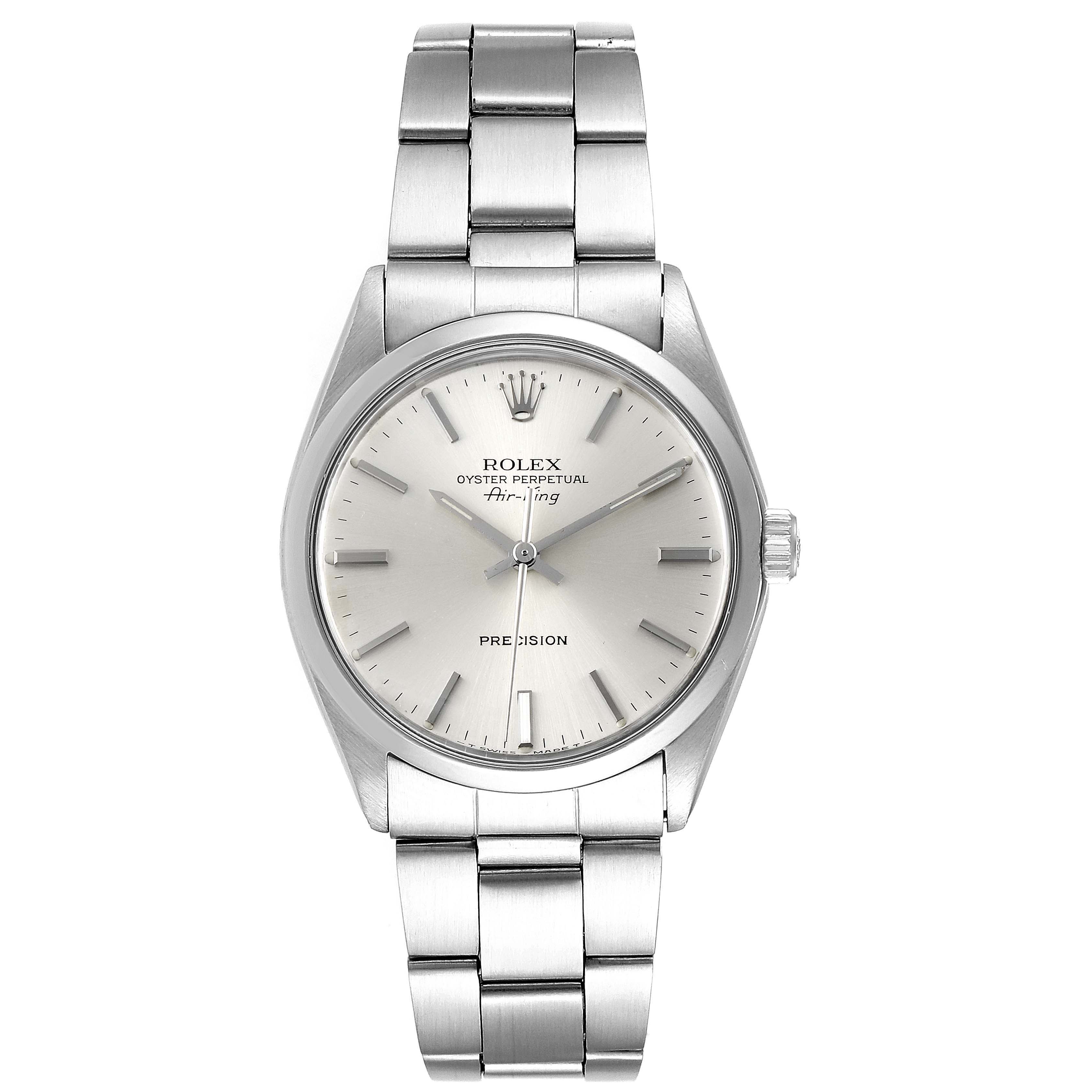 This is a front view of the Rolex Vintage Collection 5500 Men's Stainless Steel Silver Dial 5500 Men's Stainless Steel Silver Dial Oyster Perpetual Air-King watch, showing the dial, hands, and bracelet.