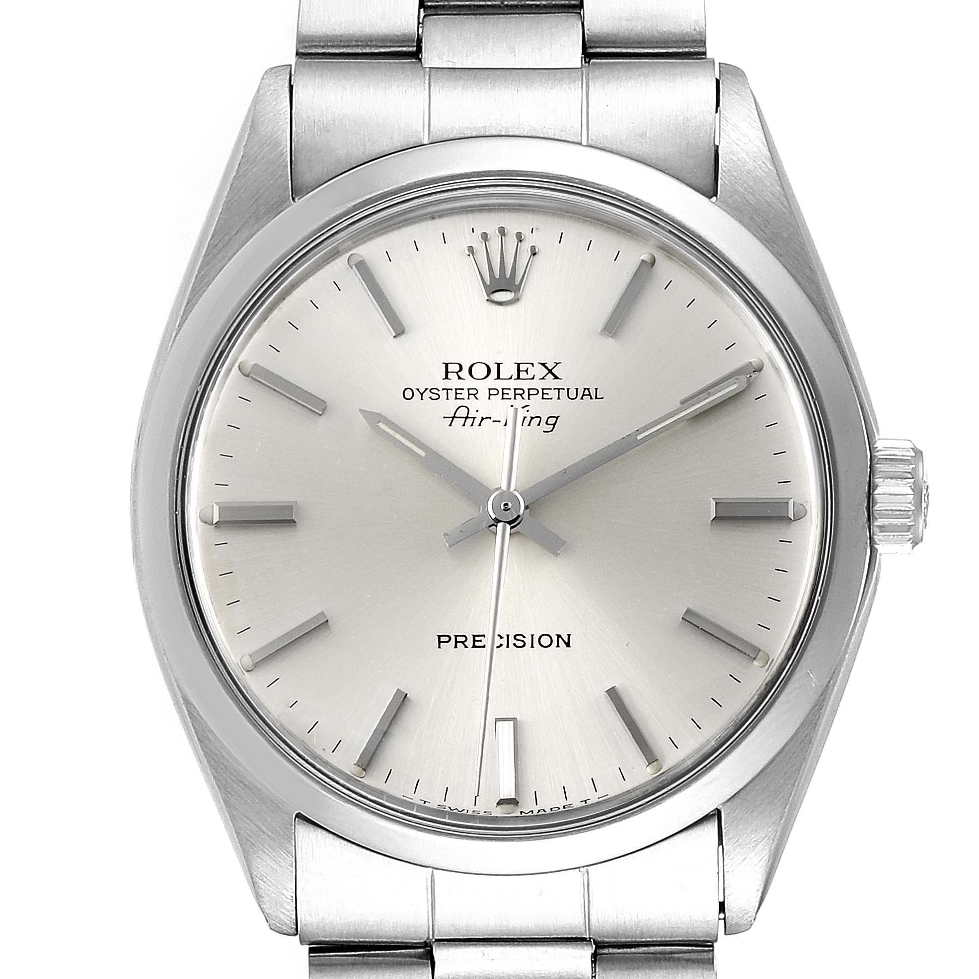 The image shows a front view of a Rolex Vintage Collection 5500 Men's Stainless Steel Silver Dial 5500 Men's Stainless Steel Silver Dial Oyster Perpetual Air-King watch, displaying the dial, crown, and bracelet.