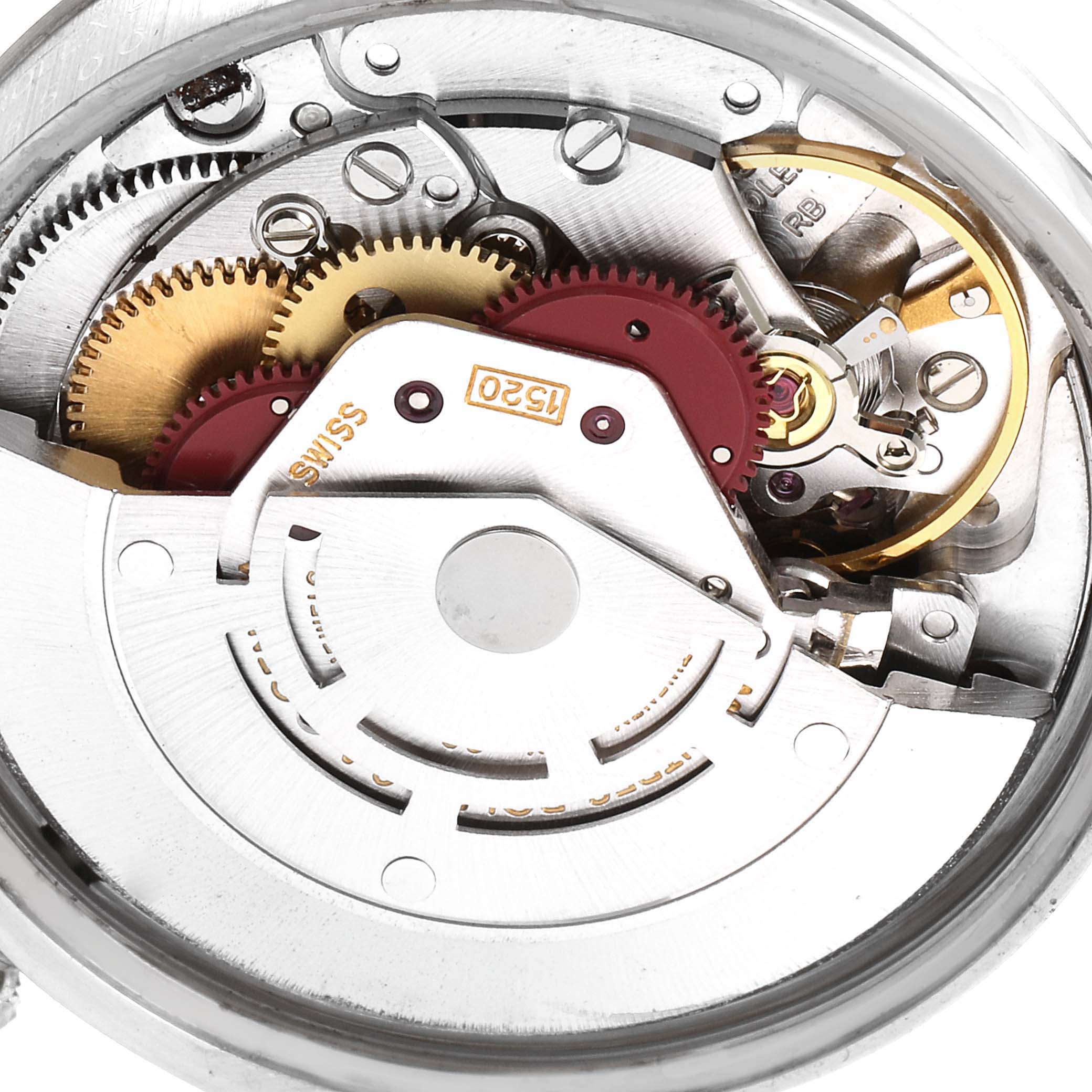 This close-up image shows the intricate gears and mechanisms of the back of a Rolex Vintage Collection 5500 Men's Stainless Steel Silver Dial 5500 Men's Stainless Steel Silver Dial watch model.