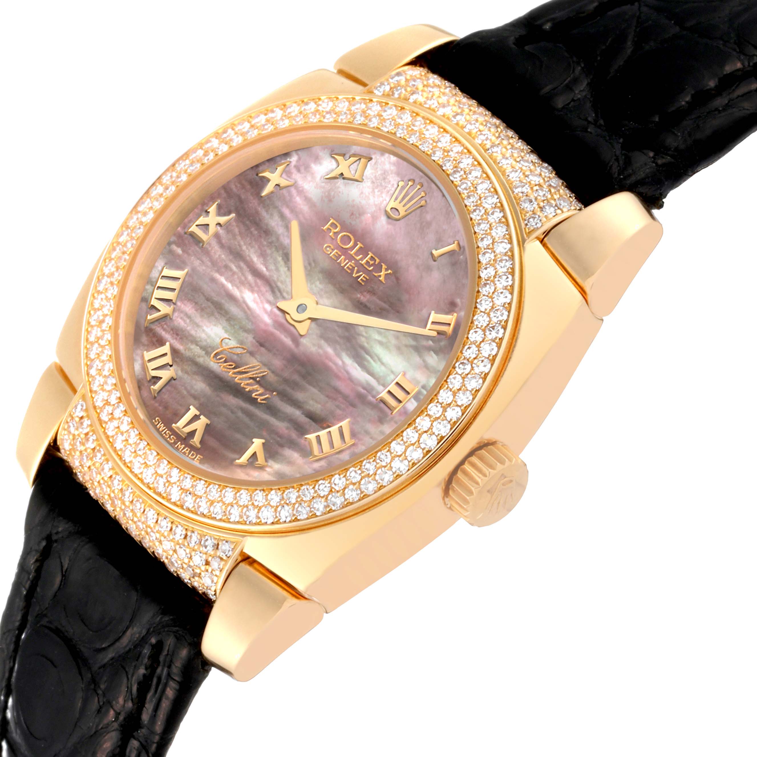 The image shows a close-up, angled view of a Rolex Cellini 6311 Women's Yellow Gold Mother of Pearl Dial 6311 Women's Yellow Gold Mother of Pearl Dial watch, highlighting the bezel, dial, and crown.