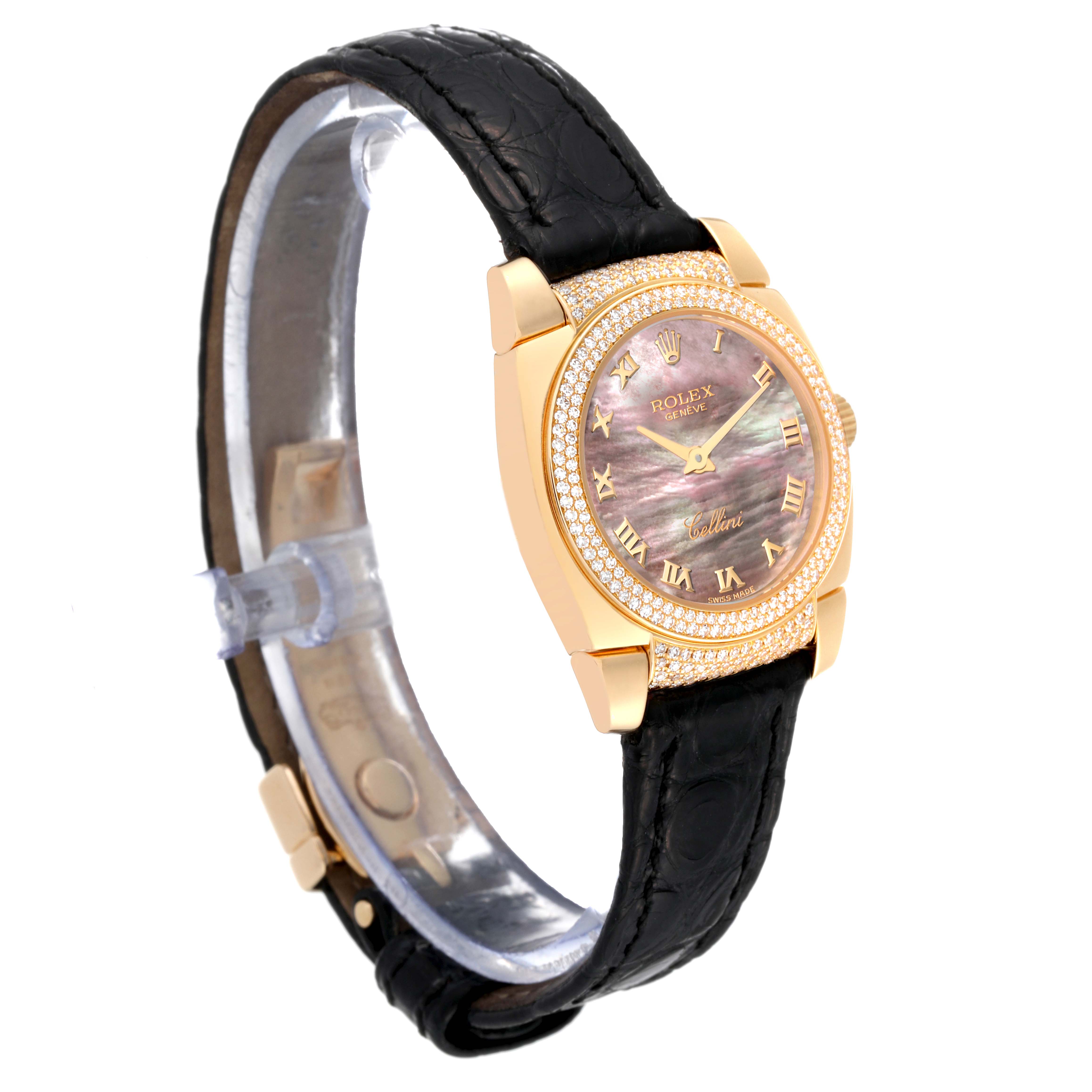 This image shows a Rolex Cellini 6311 Women's Yellow Gold Mother of Pearl Dial 6311 Women's Yellow Gold Mother of Pearl Dial model watch at a slight angle, displaying its dial, bezel, and leather strap.