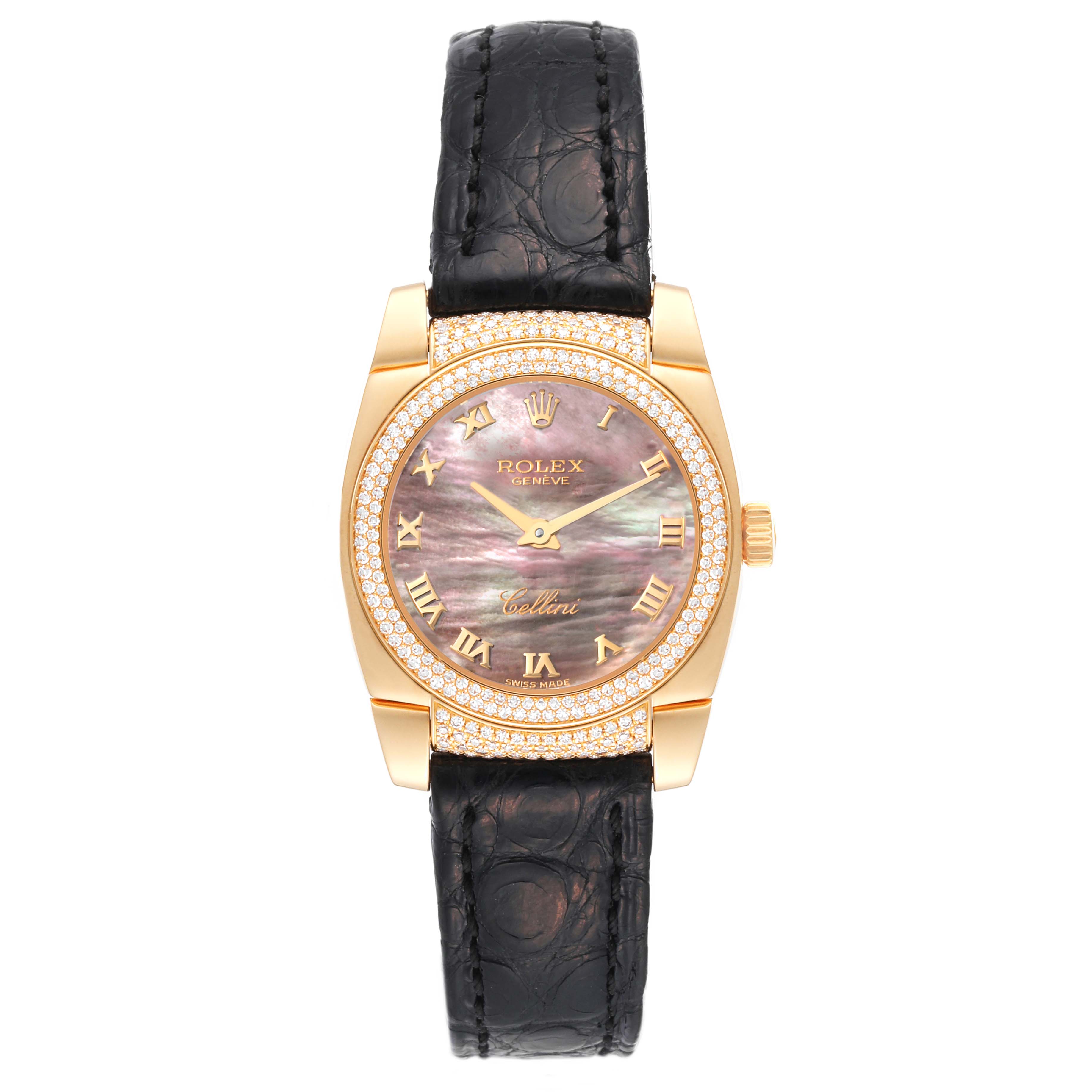 This is a front view of a Rolex Cellini 6311 Women's Yellow Gold Mother of Pearl Dial 6311 Women's Yellow Gold Mother of Pearl Dial watch showing the face, dial, bezel, and leather strap.