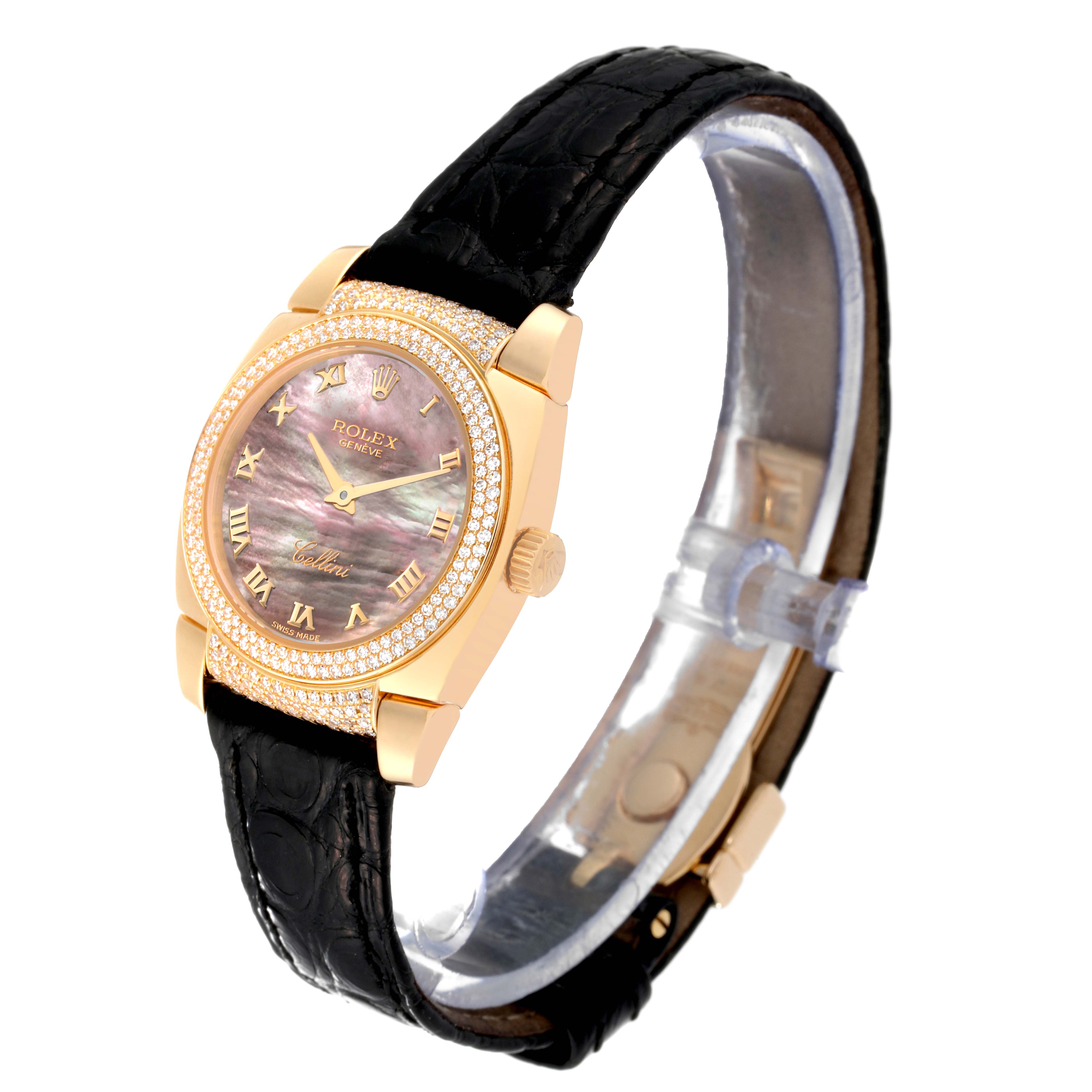 The image shows a Rolex Cellini 6311 Women's Yellow Gold Mother of Pearl Dial 6311 Women's Yellow Gold Mother of Pearl Dial watch at a three-quarter angle, displaying the face, bezel, crown, and leather strap.