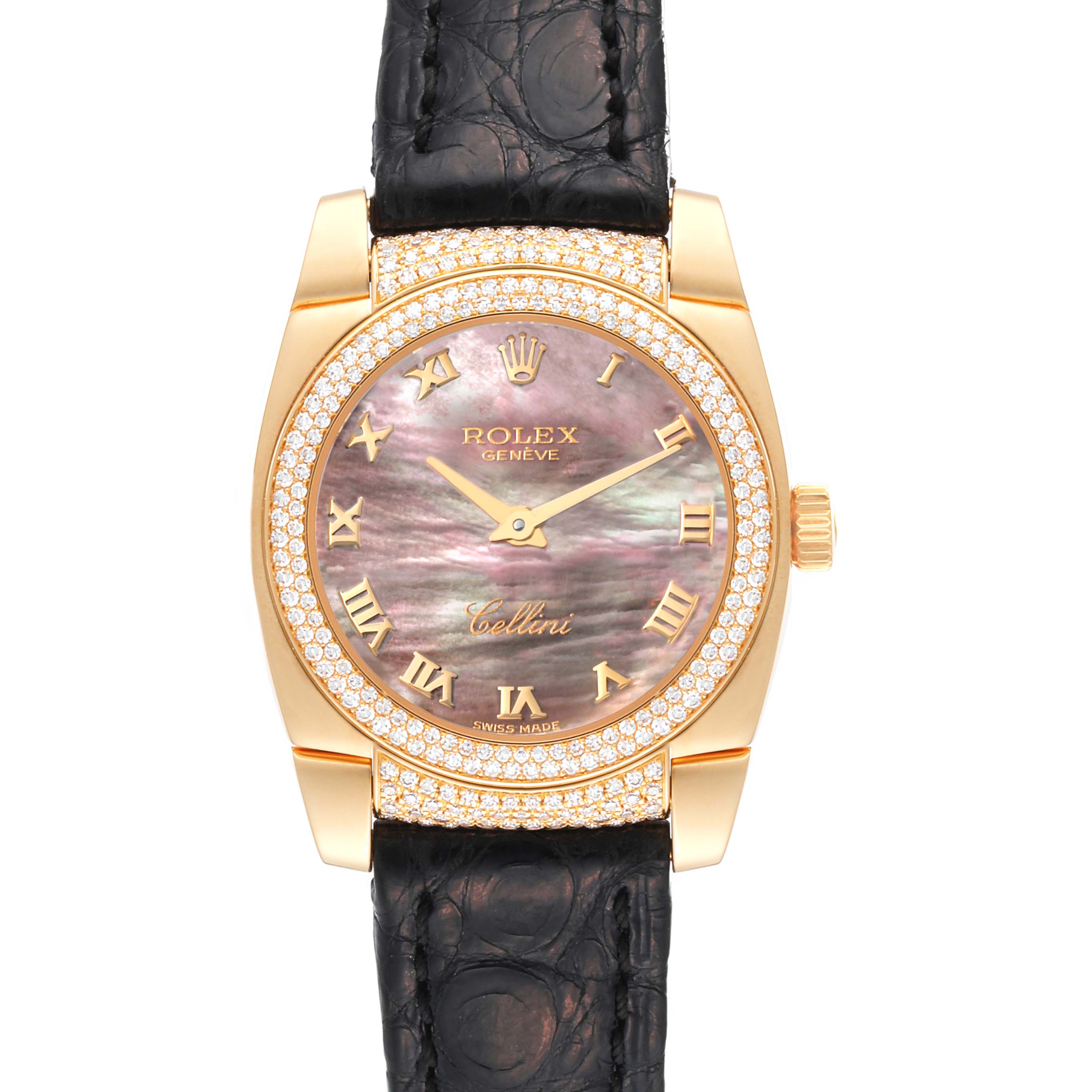 The image shows a front view of a Rolex Cellini 6311 Women's Yellow Gold Mother of Pearl Dial 6311 Women's Yellow Gold Mother of Pearl Dial watch with a gold case, diamond bezel, black leather strap, and a mother-of-pearl dial.