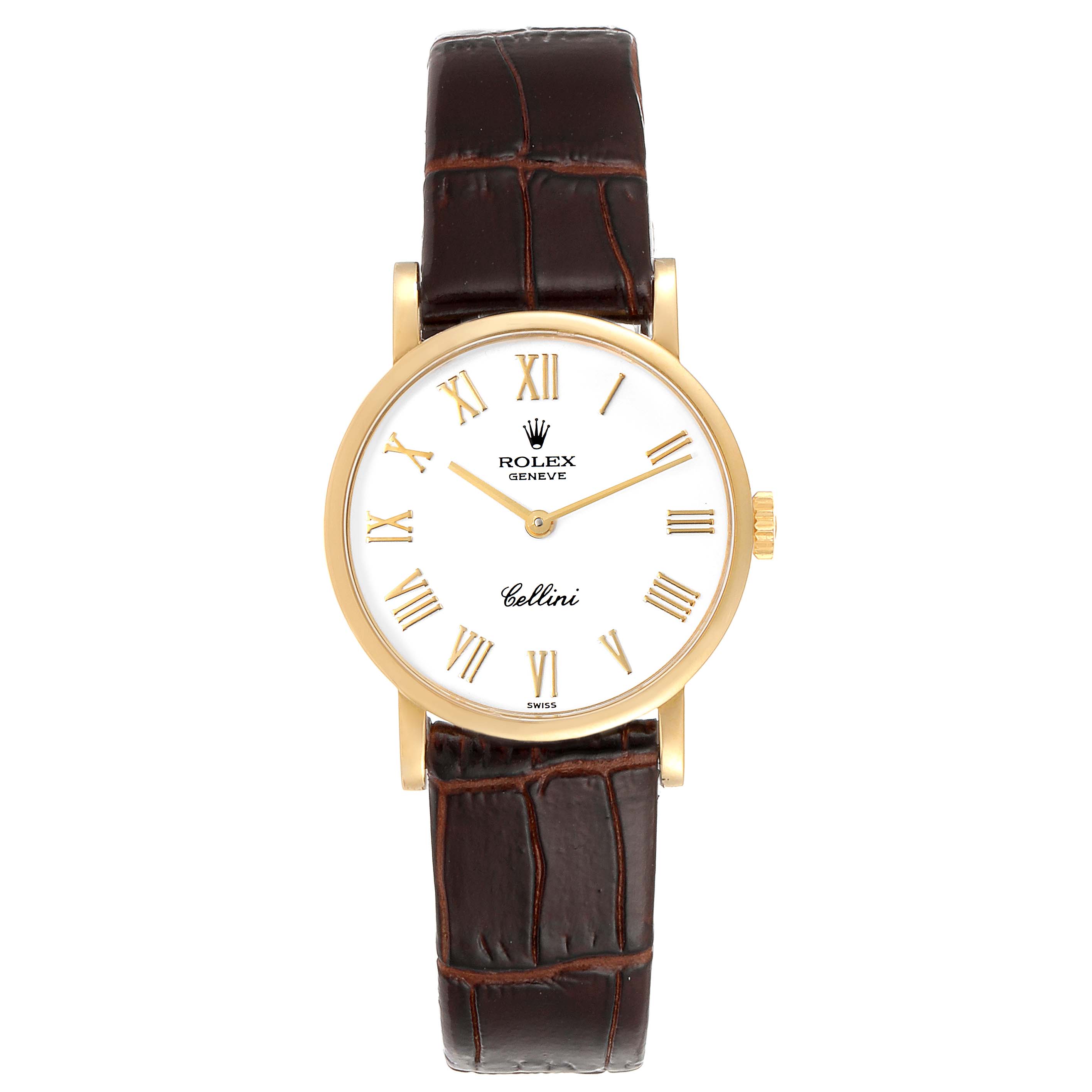 The image shows the front view of a Rolex Cellini 5109 Women's Yellow Gold White Dial 5109 Women's Yellow Gold White Dial watch with a leather strap, gold case, and white dial with Roman numerals.
