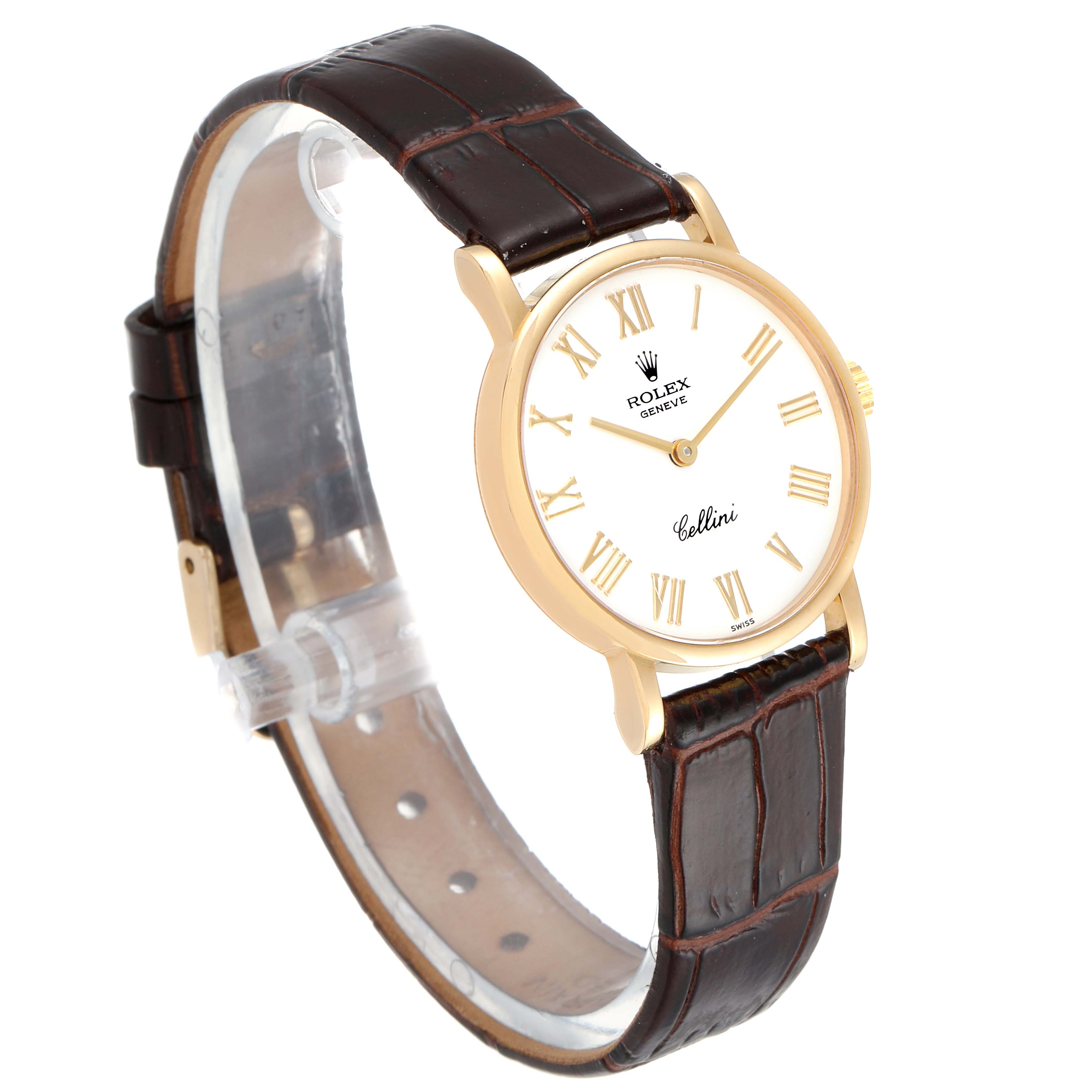 This Rolex Cellini 5109 Women's Yellow Gold White Dial 5109 Women's Yellow Gold White Dial watch is shown at a slight angle, displaying its face, case, bezel, and leather strap.