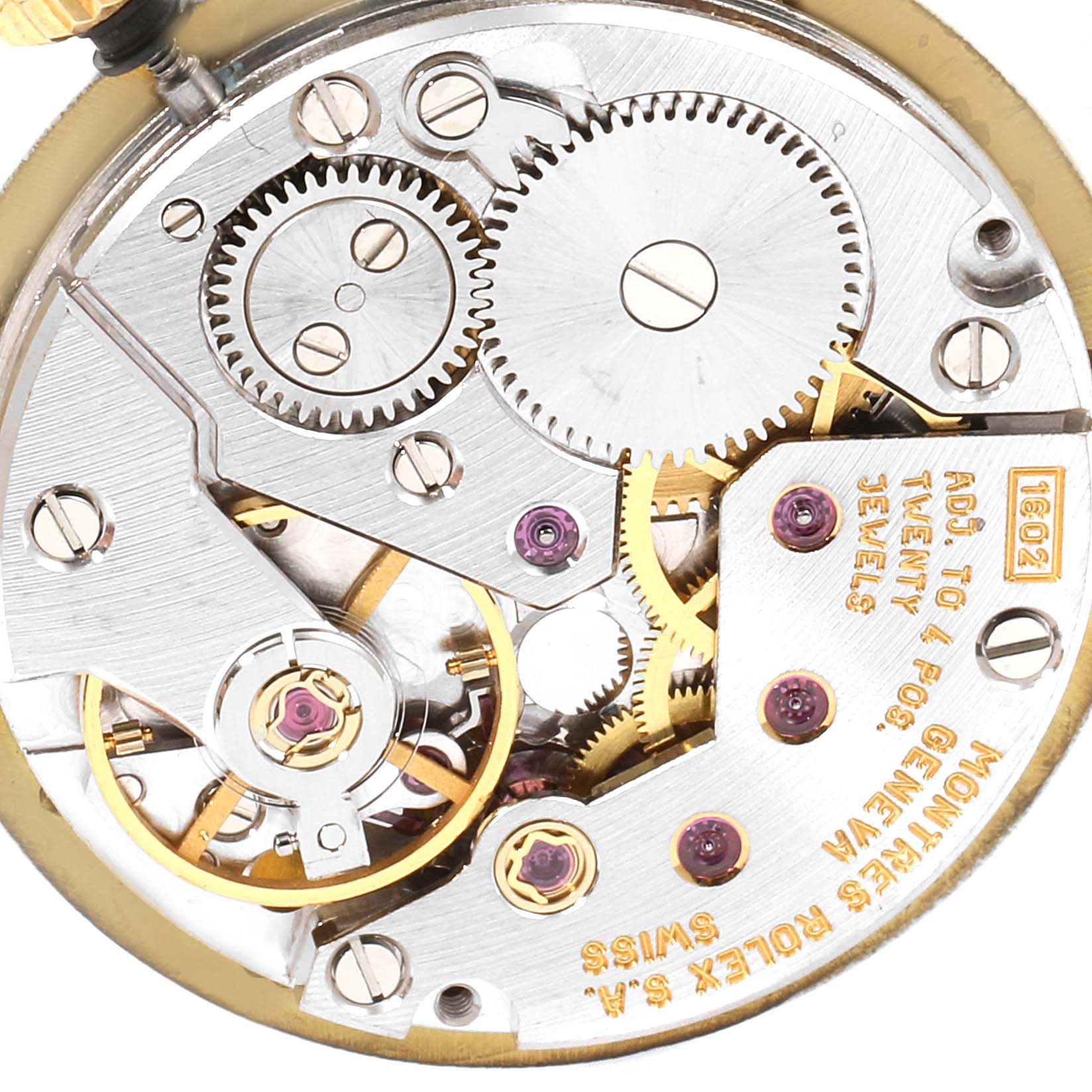 The image shows the movement and internal mechanism of a Rolex Cellini 5109 Women's Yellow Gold White Dial 5109 Women's Yellow Gold White Dial watch, highlighting the gears and intricate components.
