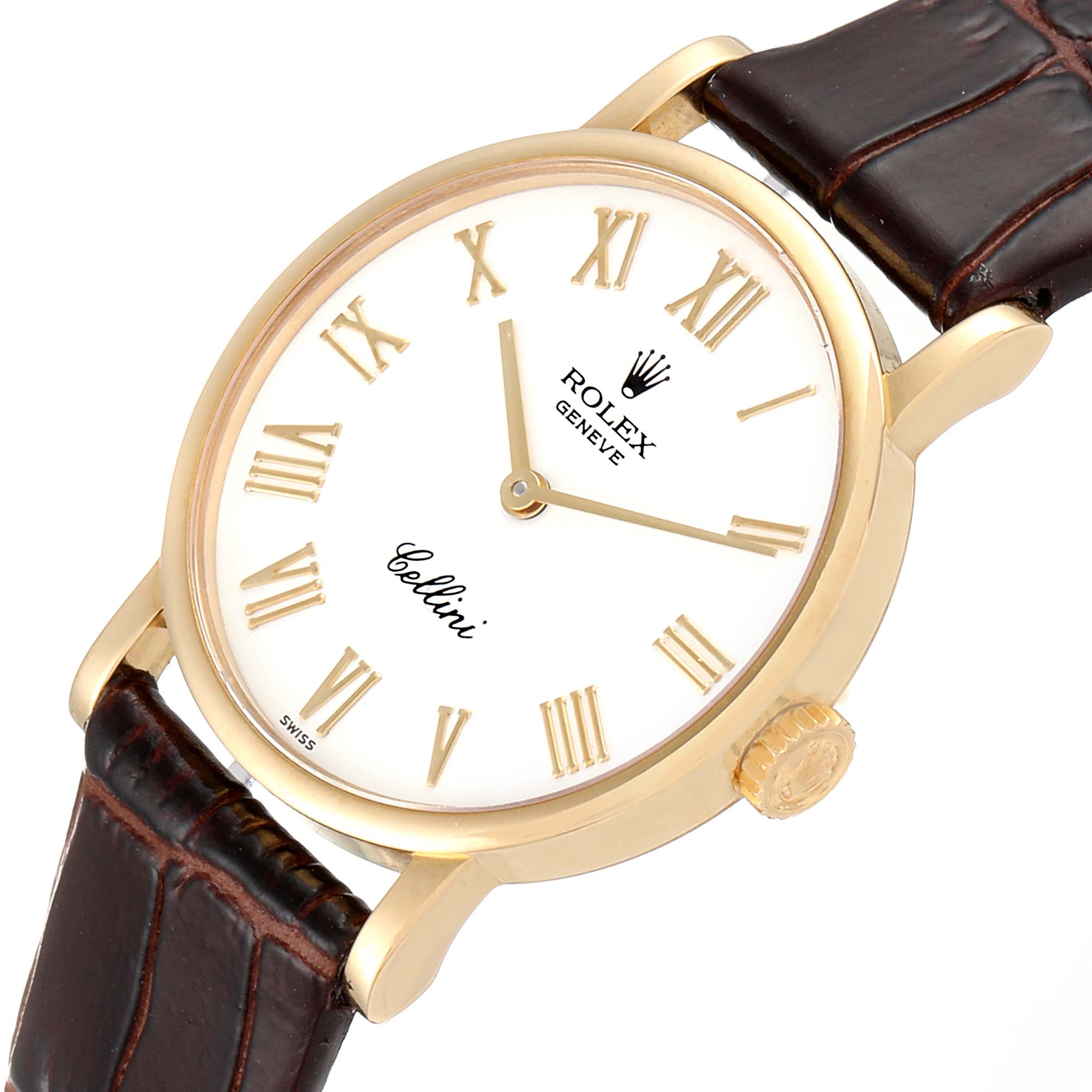 A Rolex Cellini 5109 Women's Yellow Gold White Dial 5109 Women's Yellow Gold White Dial watch is shown at an angle displaying the face, gold casing, crown, and part of the leather strap.