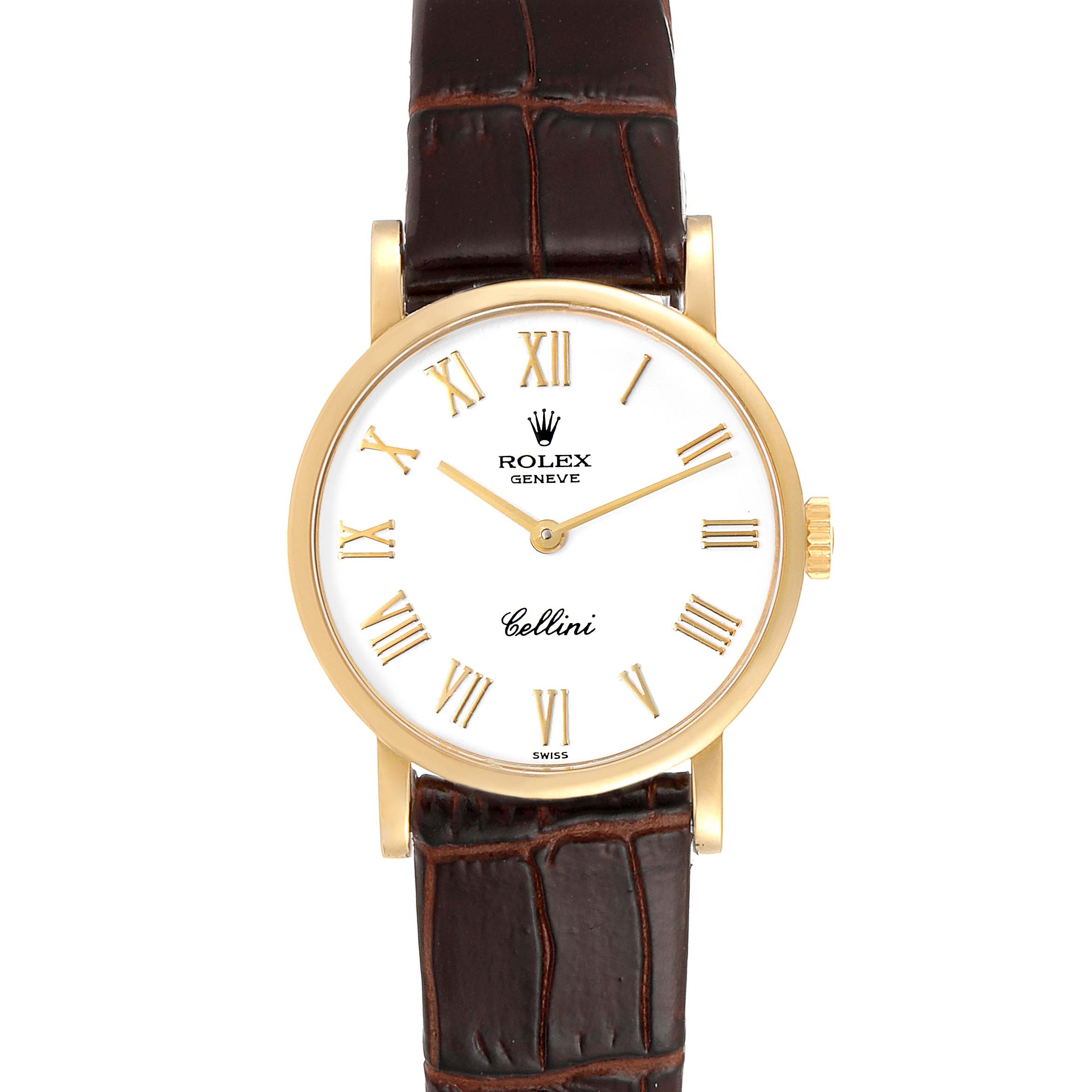The image displays a front view of a Rolex Cellini 5109 Women's Yellow Gold White Dial 5109 Women's Yellow Gold White Dial watch with a gold case and brown leather strap.
