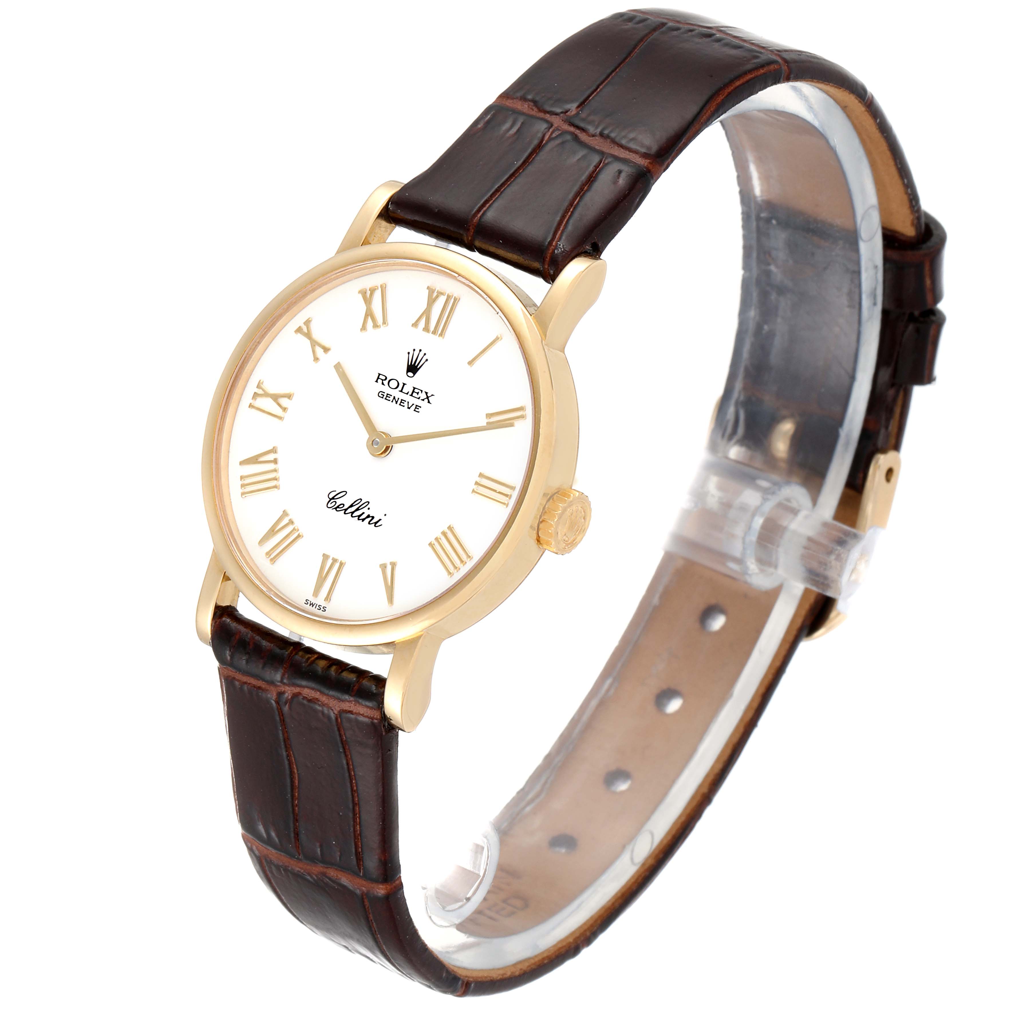 The image shows a Rolex Cellini 5109 Women's Yellow Gold White Dial 5109 Women's Yellow Gold White Dial watch at a tilted angle, displaying its face, strap, and crown.