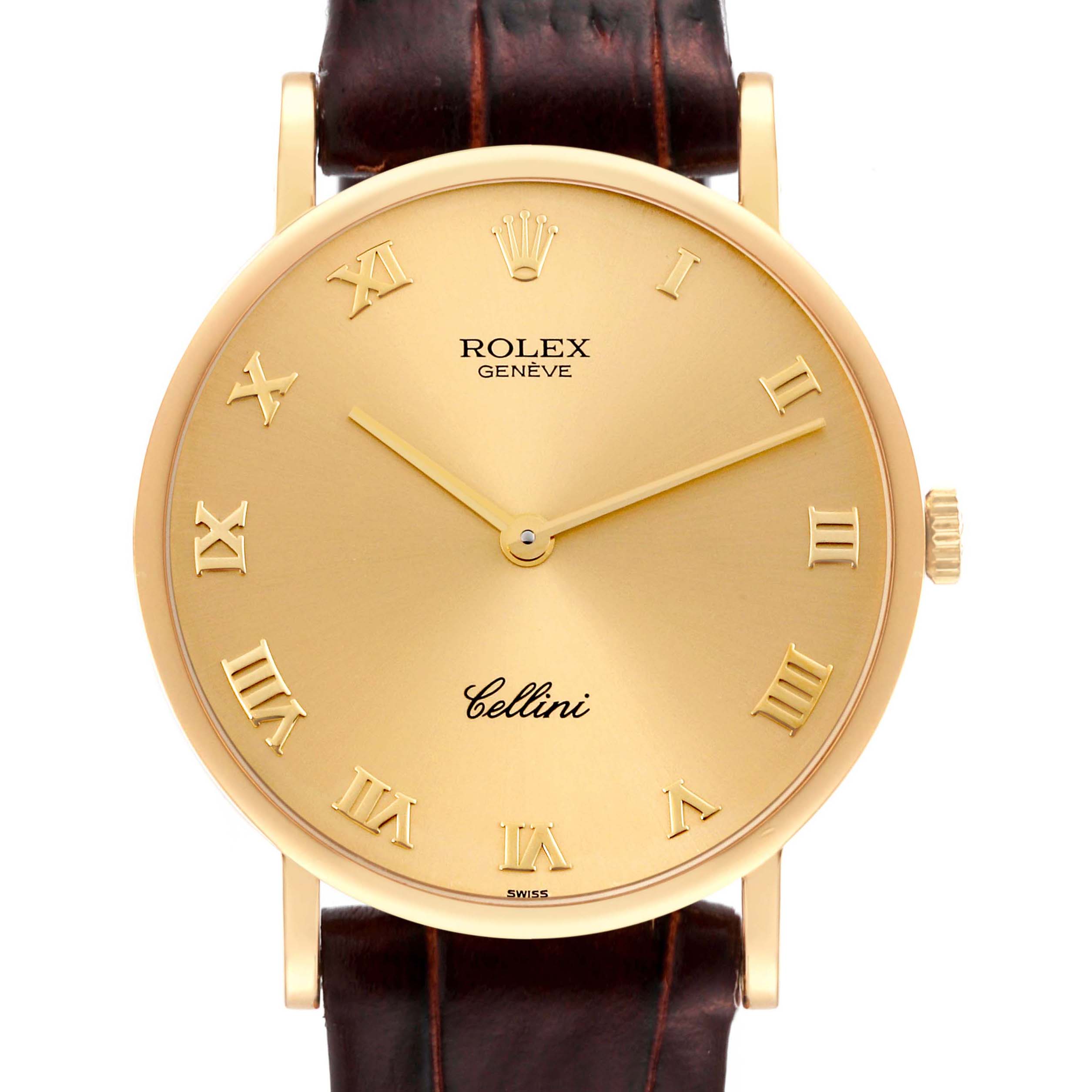 The image shows a front view of the Rolex Cellini 5112 Men
s Yellow Gold Champagne Dial 5112 Men
s Yellow Gold Champagne Dial watch, highlighting its gold dial, Roman numerals, and brown leather strap.