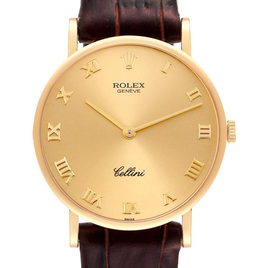 Rolex Cellini Classic Yellow Gold Champagne Dial Brown Strap Mens Watch 5112 SwissWatchExpo