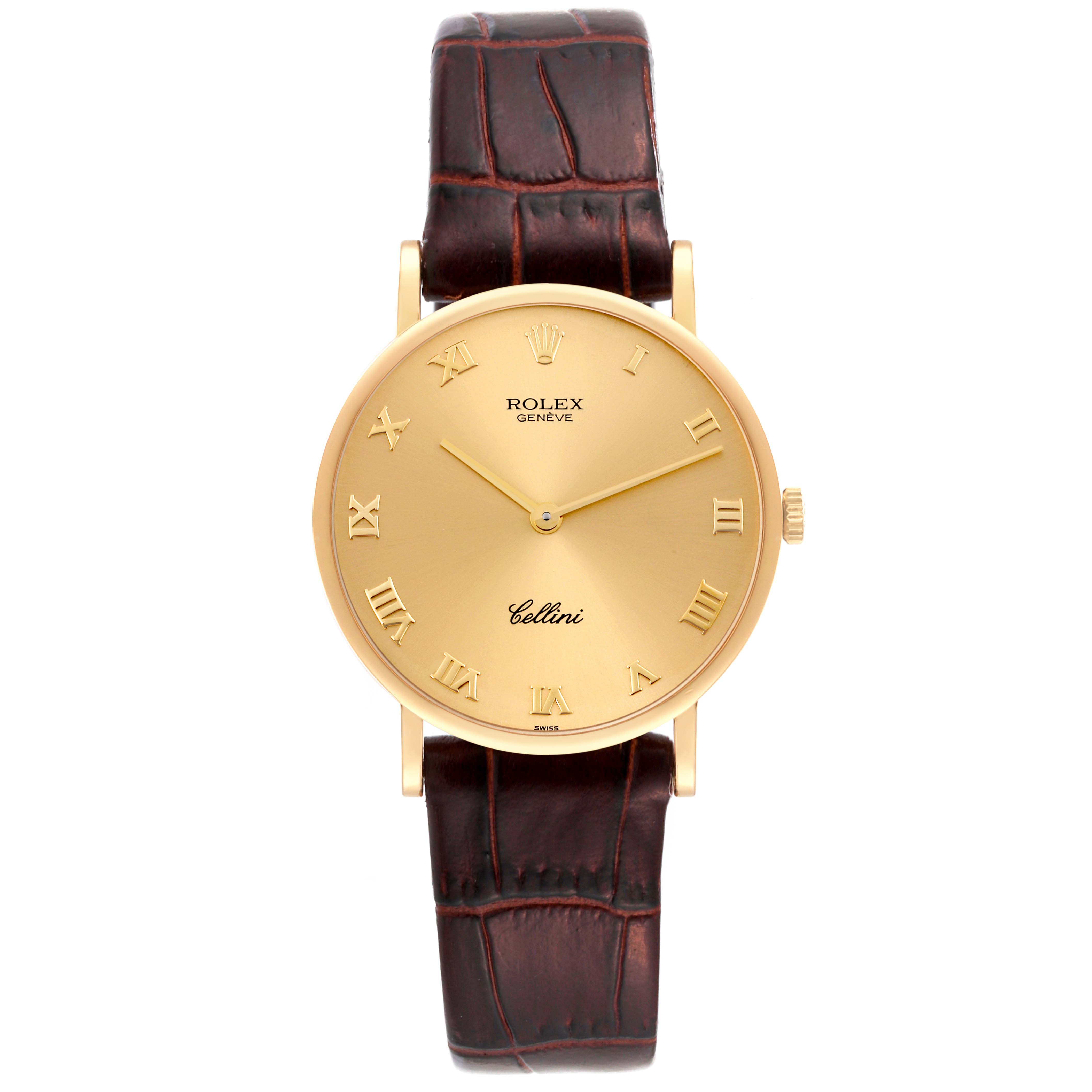 The image shows a front view of a Rolex Cellini 5112 Men
s Yellow Gold Champagne Dial 5112 Men
s Yellow Gold Champagne Dial model watch, highlighting its gold case, Roman numeral dial, and brown leather strap.