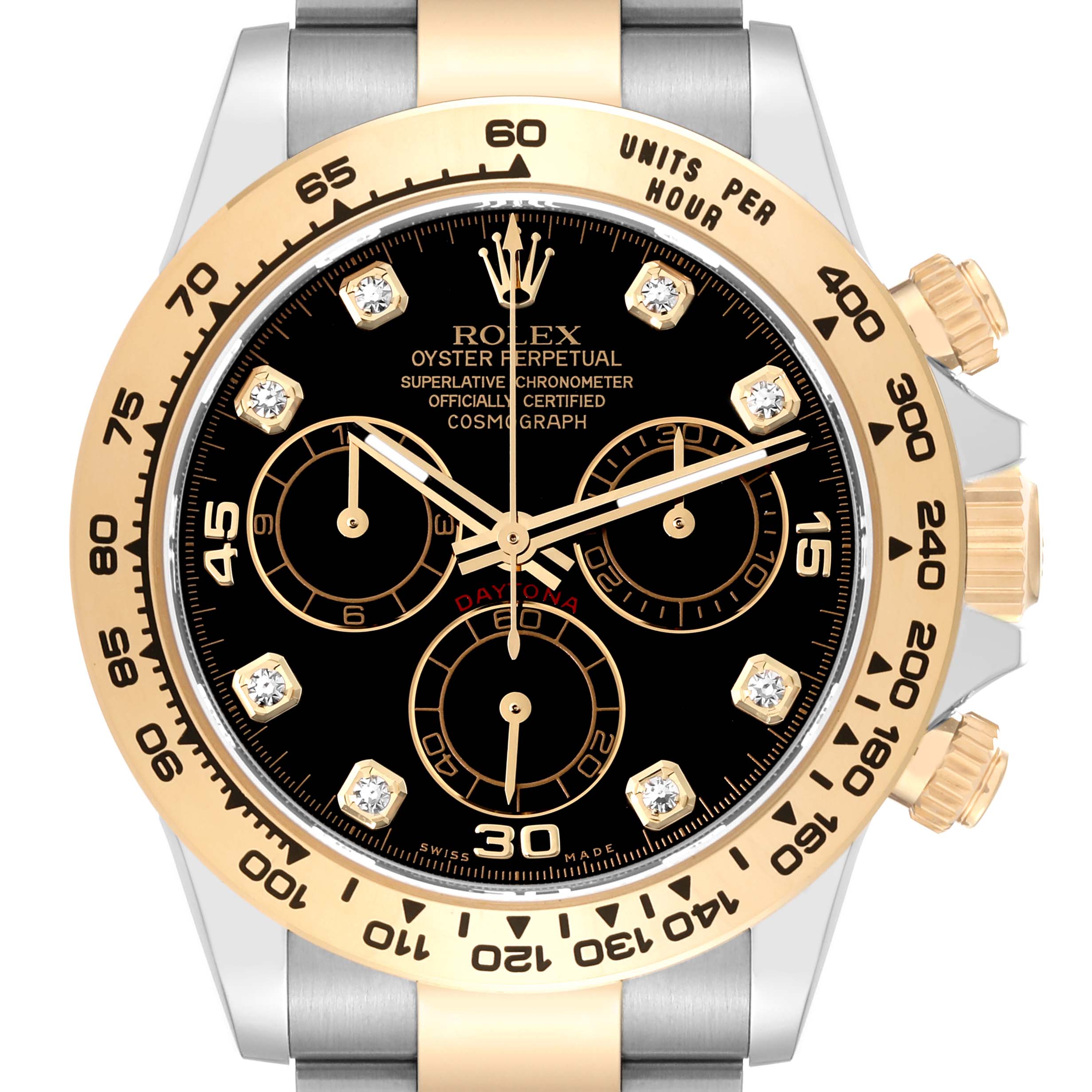 The image shows a front view of a Rolex Daytona 116503 Men
s Steel and Gold (two tone) Black Dial 116503 Men
s Steel and Gold (two tone) Black Dial watch, highlighting its bezel, dial, and subdials.