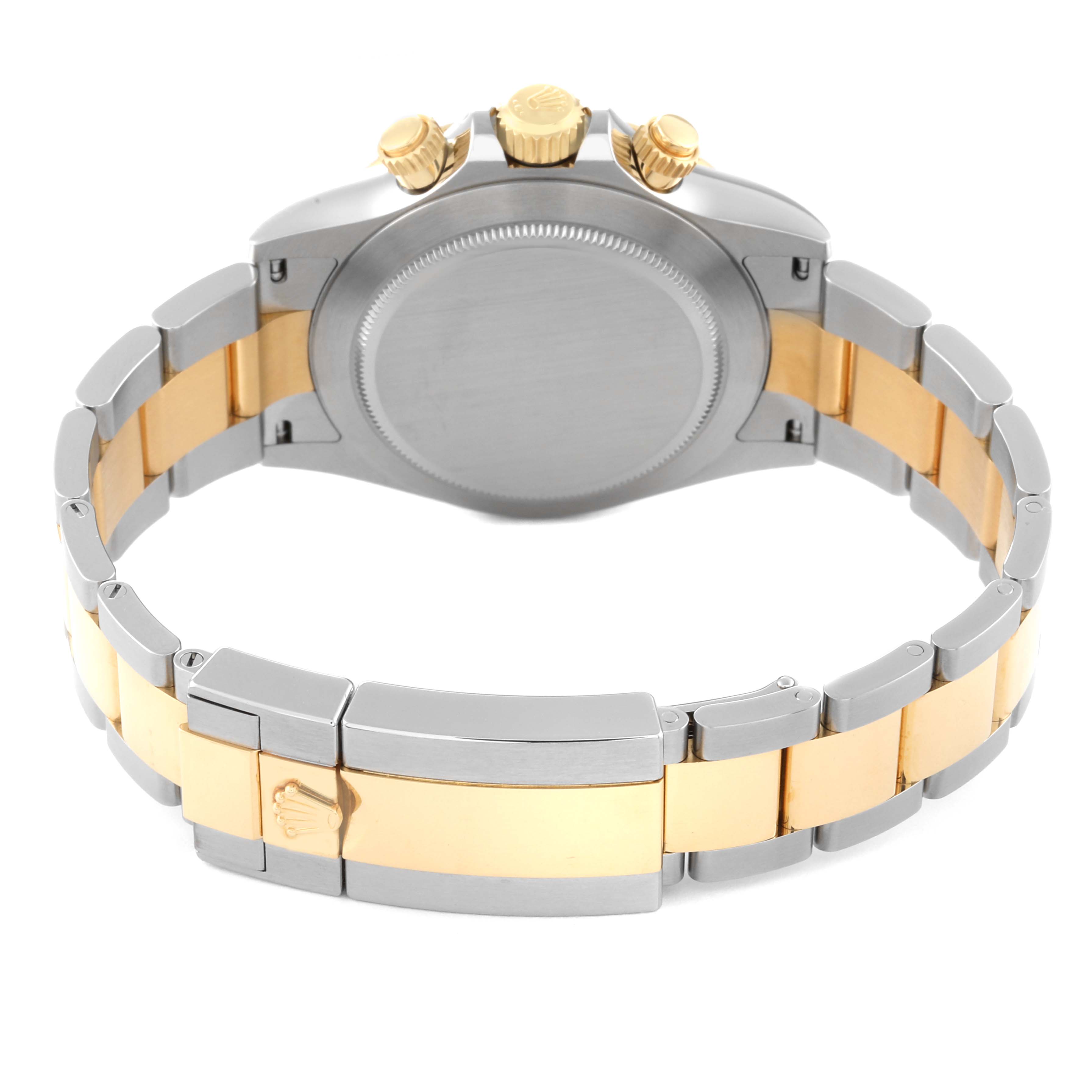 The image shows the back view of a Rolex Daytona 116503 Men
s Steel and Gold (two tone) Black Dial 116503 Men
s Steel and Gold (two tone) Black Dial watch, highlighting its bracelet and clasp.