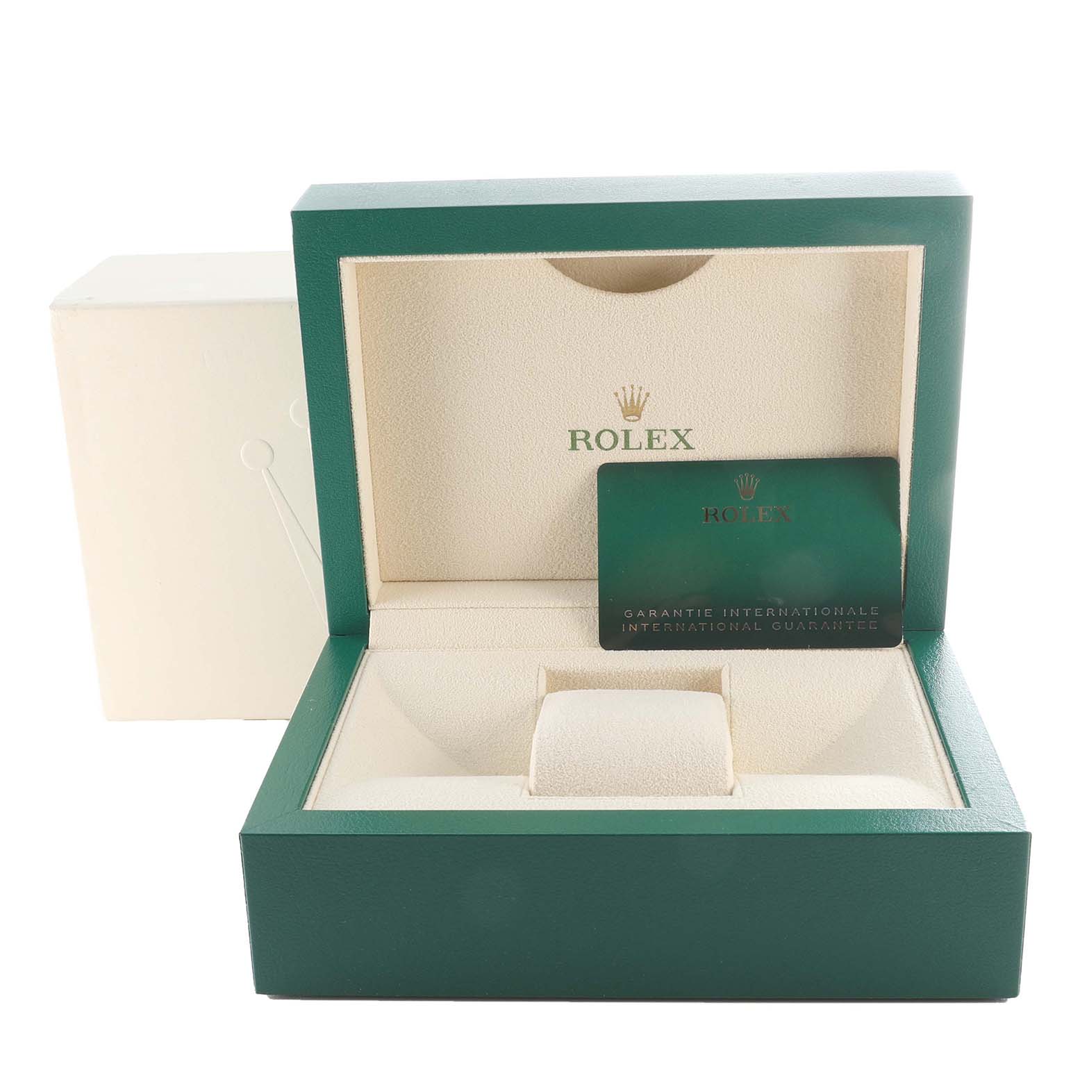 The image shows a Rolex Daytona 116503 Men
s Steel and Gold (two tone) Black Dial 116503 Men
s Steel and Gold (two tone) Black Dial watch
s green and white box, including an International Guarantee card.