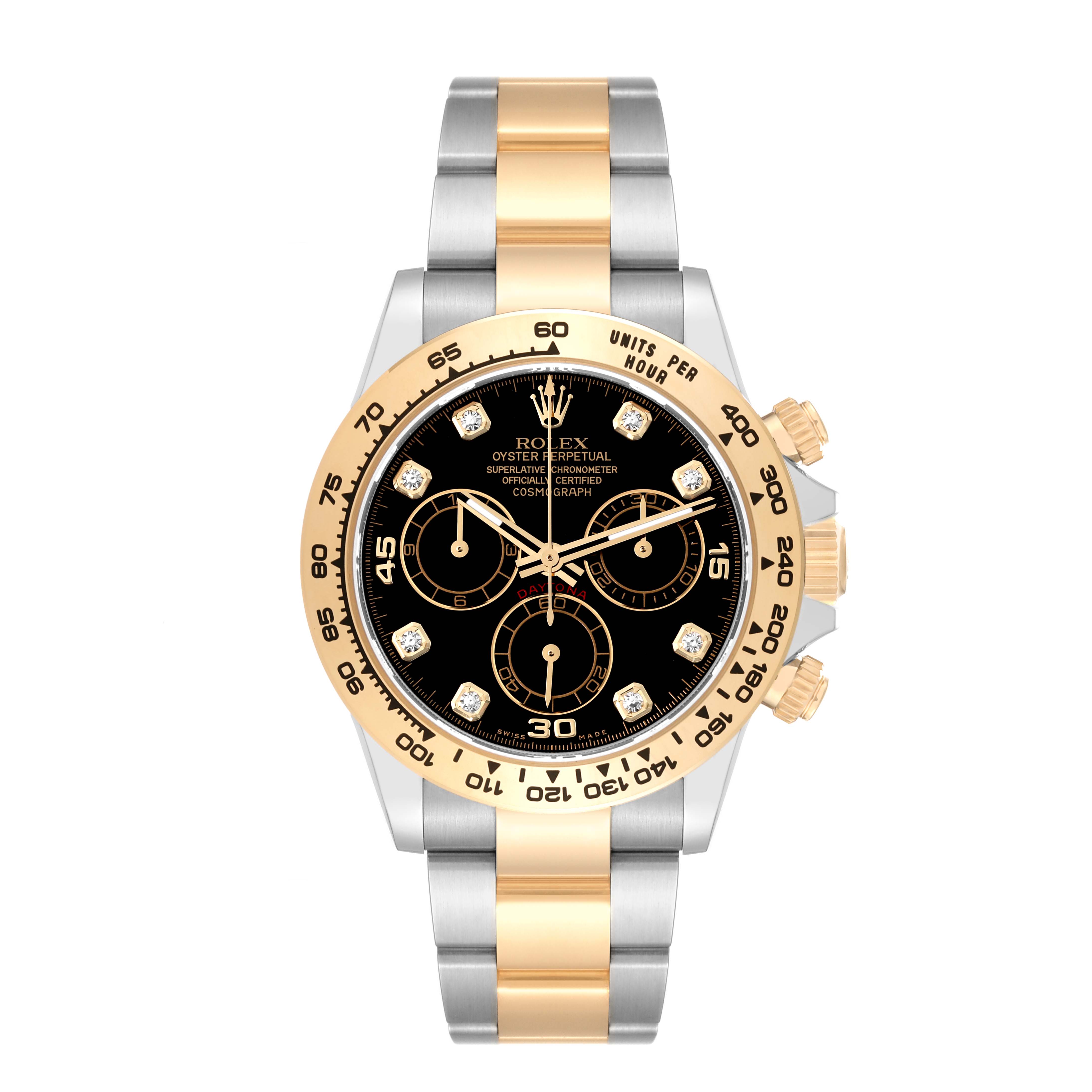 This image shows a front view of a Rolex Daytona 116503 Men
s Steel and Gold (two tone) Black Dial 116503 Men
s Steel and Gold (two tone) Black Dial watch, highlighting its black dial, gold bezel, and two-tone bracelet.