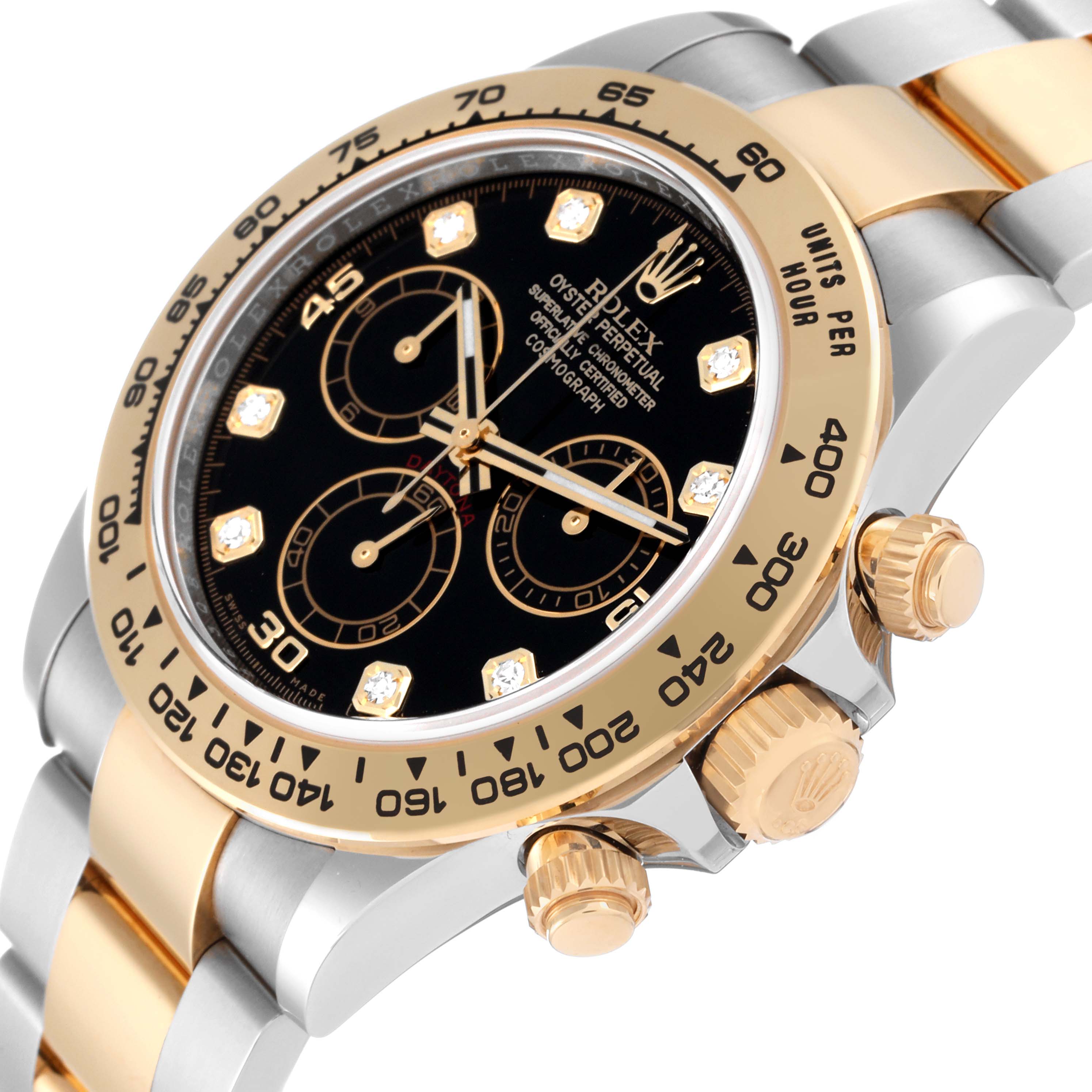 This image shows a close-up side angle of a Rolex Daytona 116503 Men
s Steel and Gold (two tone) Black Dial 116503 Men
s Steel and Gold (two tone) Black Dial watch, highlighting its black dial, gold bezel, and pushers.