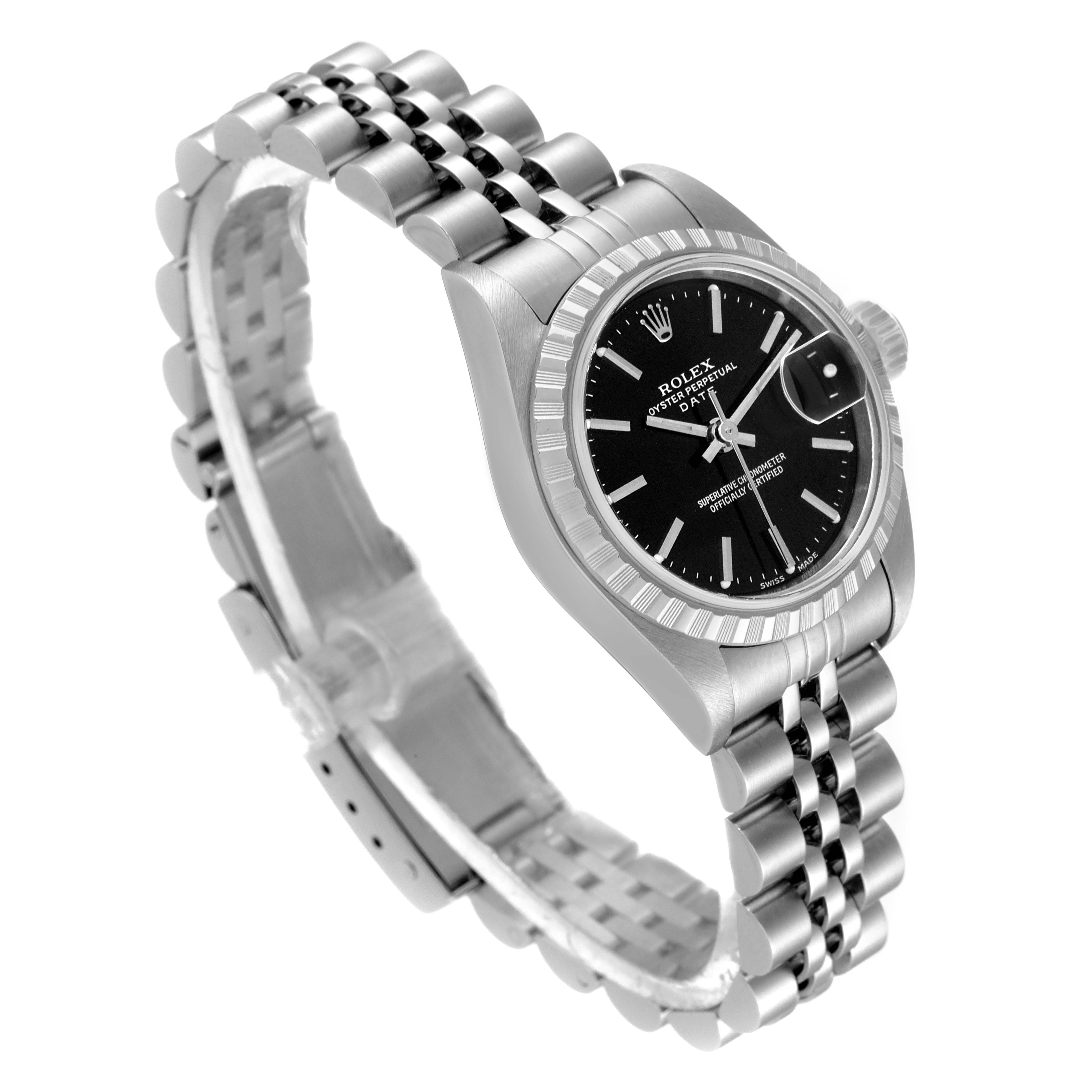 This Rolex Date 79240 Women's Stainless Steel Black Dial 79240 Women's Stainless Steel Black Dial model watch is shown at a slight angle, displaying the black dial, fluted bezel, and part of the Jubilee bracelet.