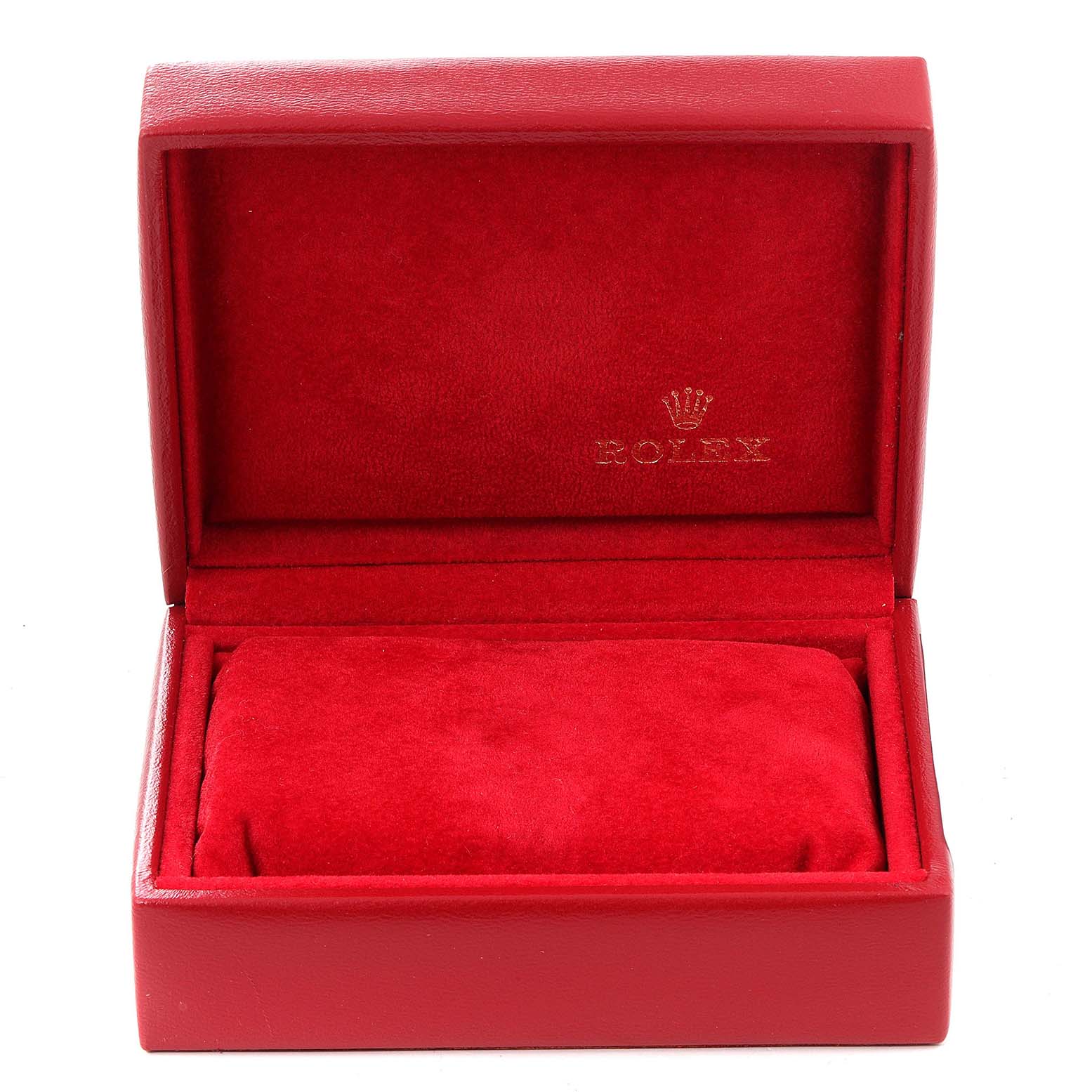 This image shows an open red Rolex box for the Date model, with a cushioned interior for holding the watch.