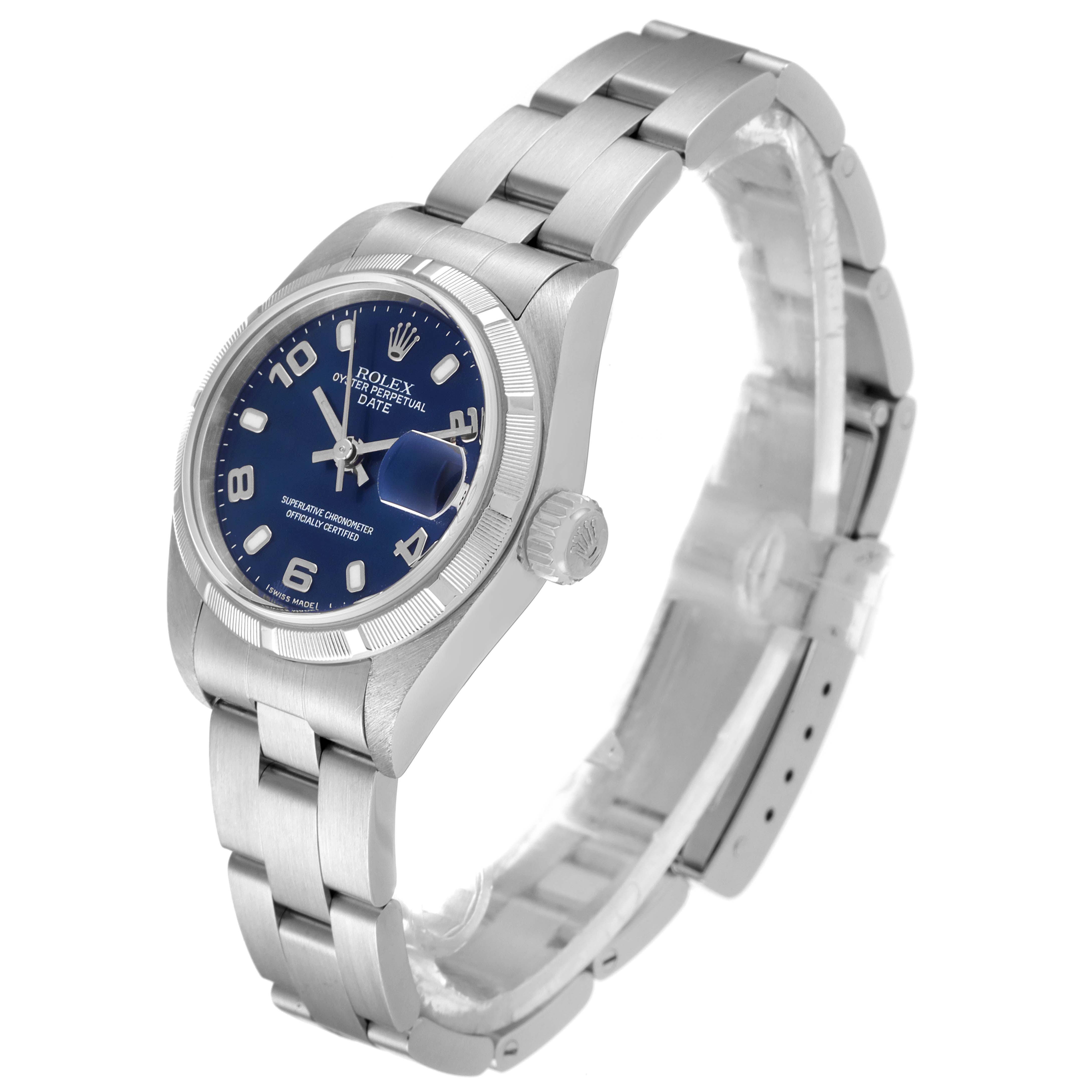 The image shows a Rolex Date 79190 Women's Stainless Steel Blue Dial 79190 Women's Stainless Steel Blue Dial model watch from a front angle, displaying the dial, bezel, crown, and bracelet.