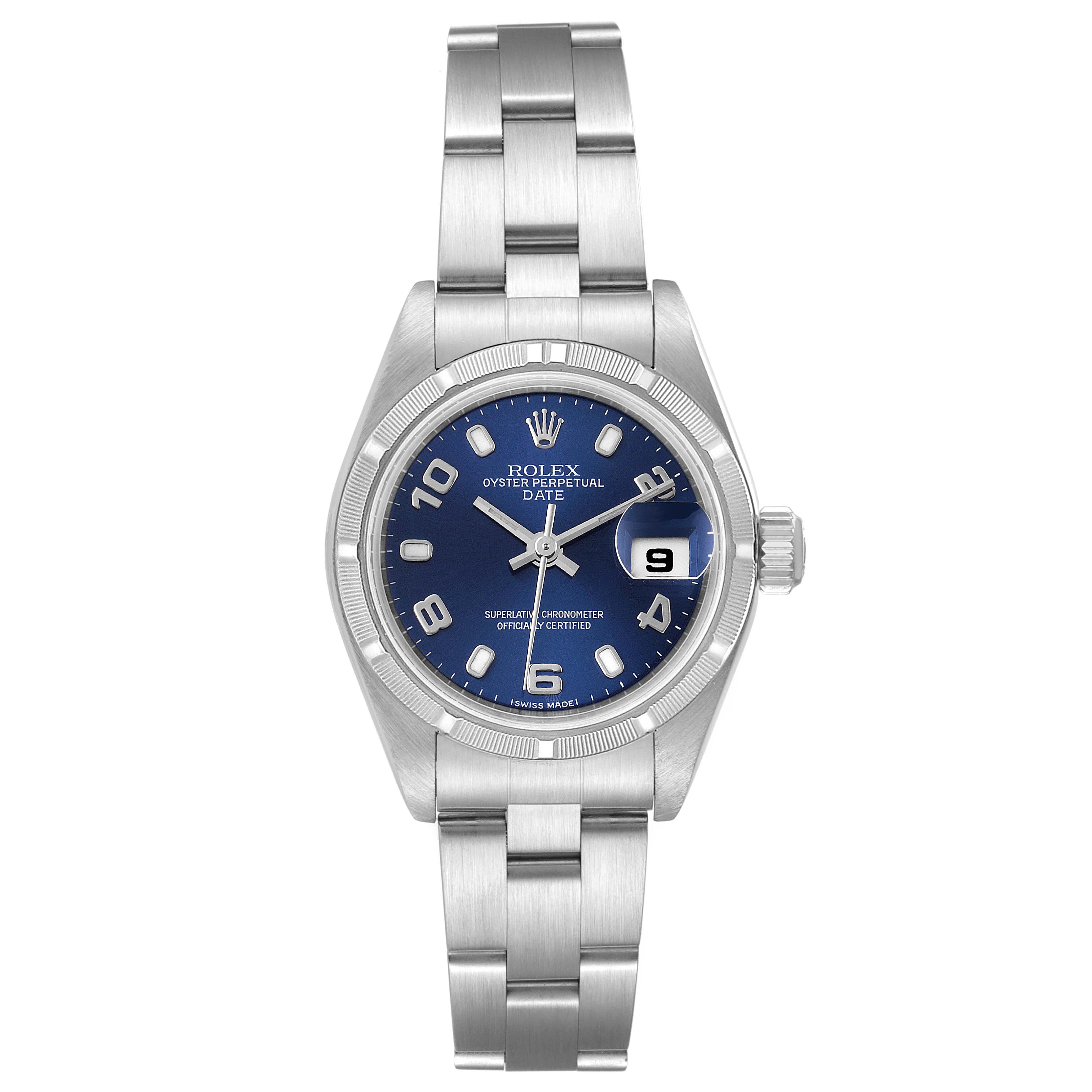 The image shows a Rolex Oyster Perpetual Date model, featuring a full frontal view of the dial, case, and bracelet.