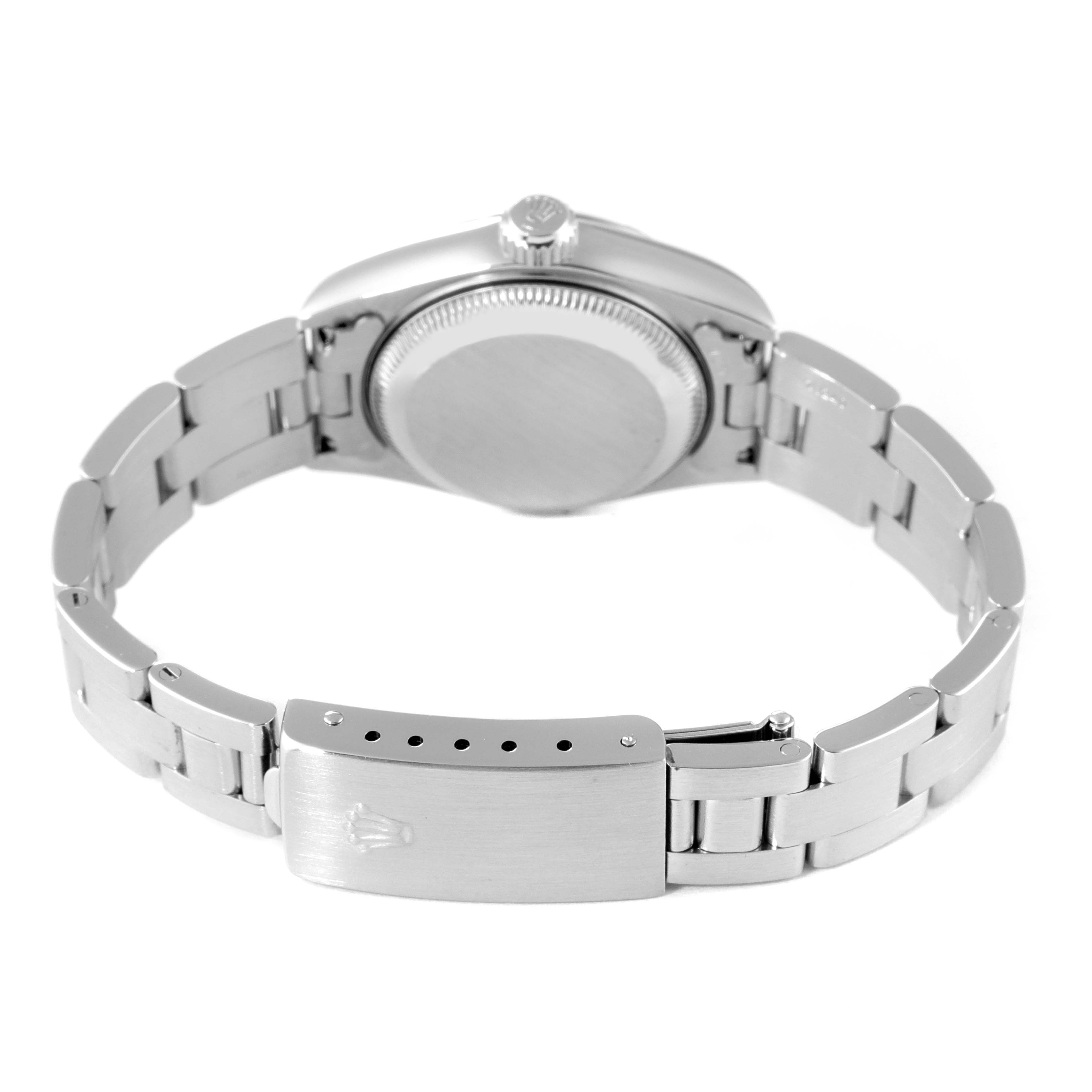 The image shows the back view of a Rolex Date 79190 Women's Stainless Steel Blue Dial 79190 Women's Stainless Steel Blue Dial model watch focusing on the bracelet and clasp.