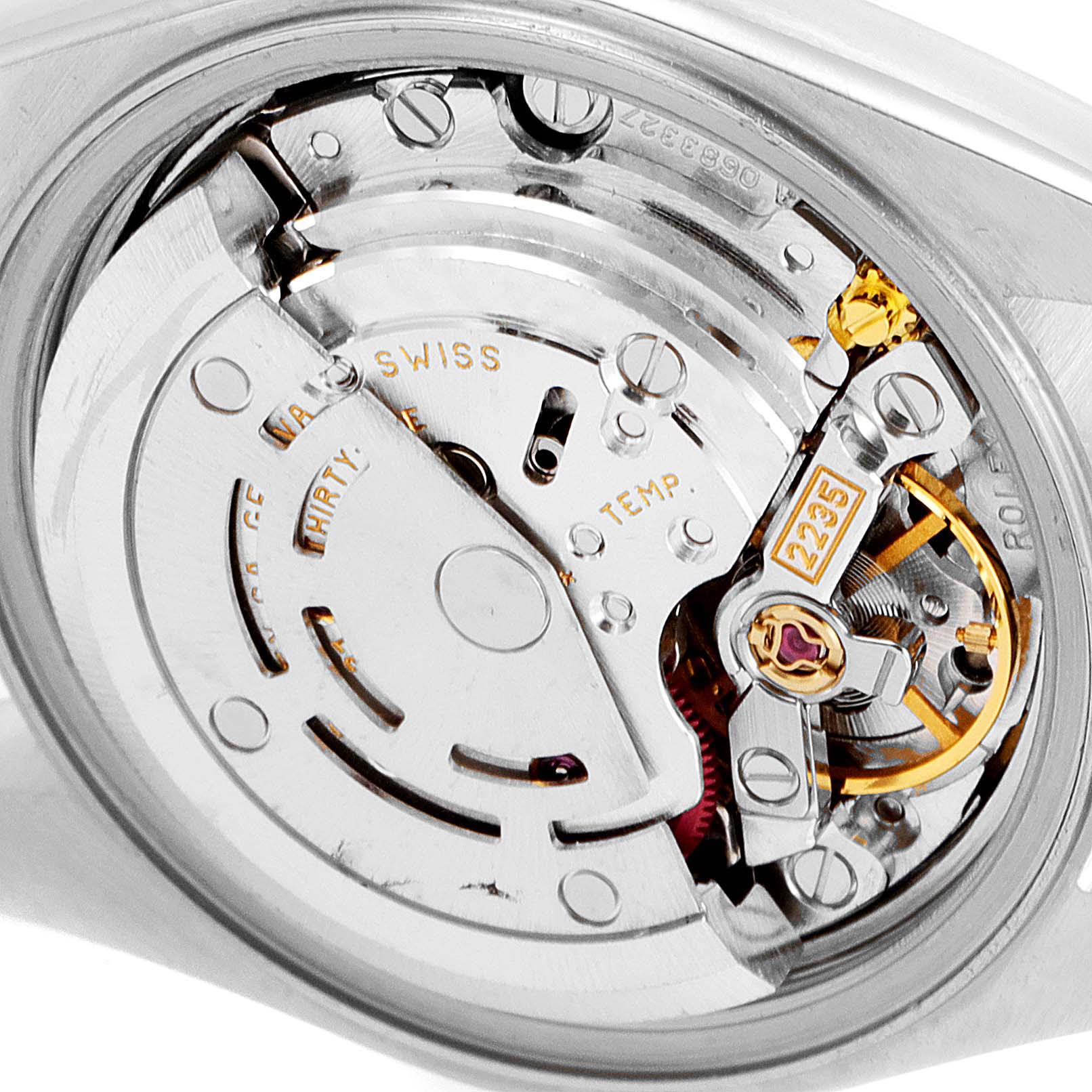 The image shows a close-up, angled view of the inner mechanics and movement of the Rolex Date 79190 Women's Stainless Steel Blue Dial 79190 Women's Stainless Steel Blue Dial model watch.