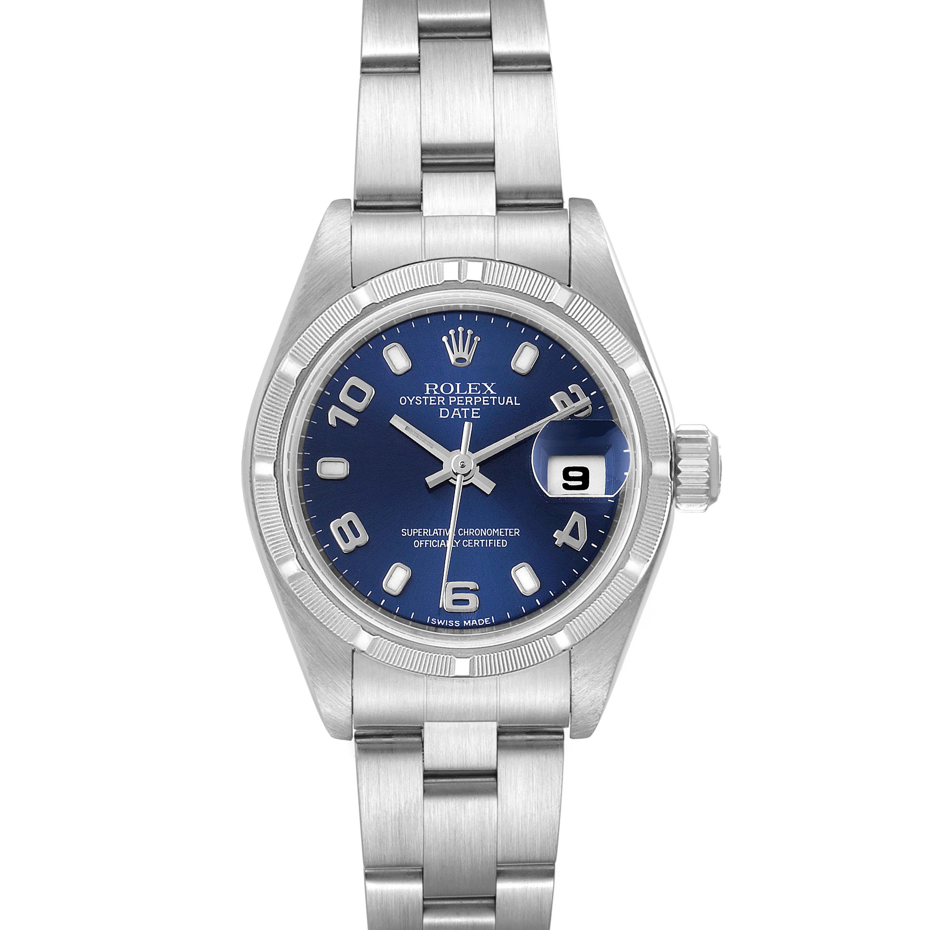 This image shows a front view of a Rolex Date 79190 Women's Stainless Steel Blue Dial 79190 Women's Stainless Steel Blue Dial model watch featuring a blue dial, date window, and stainless steel bracelet.