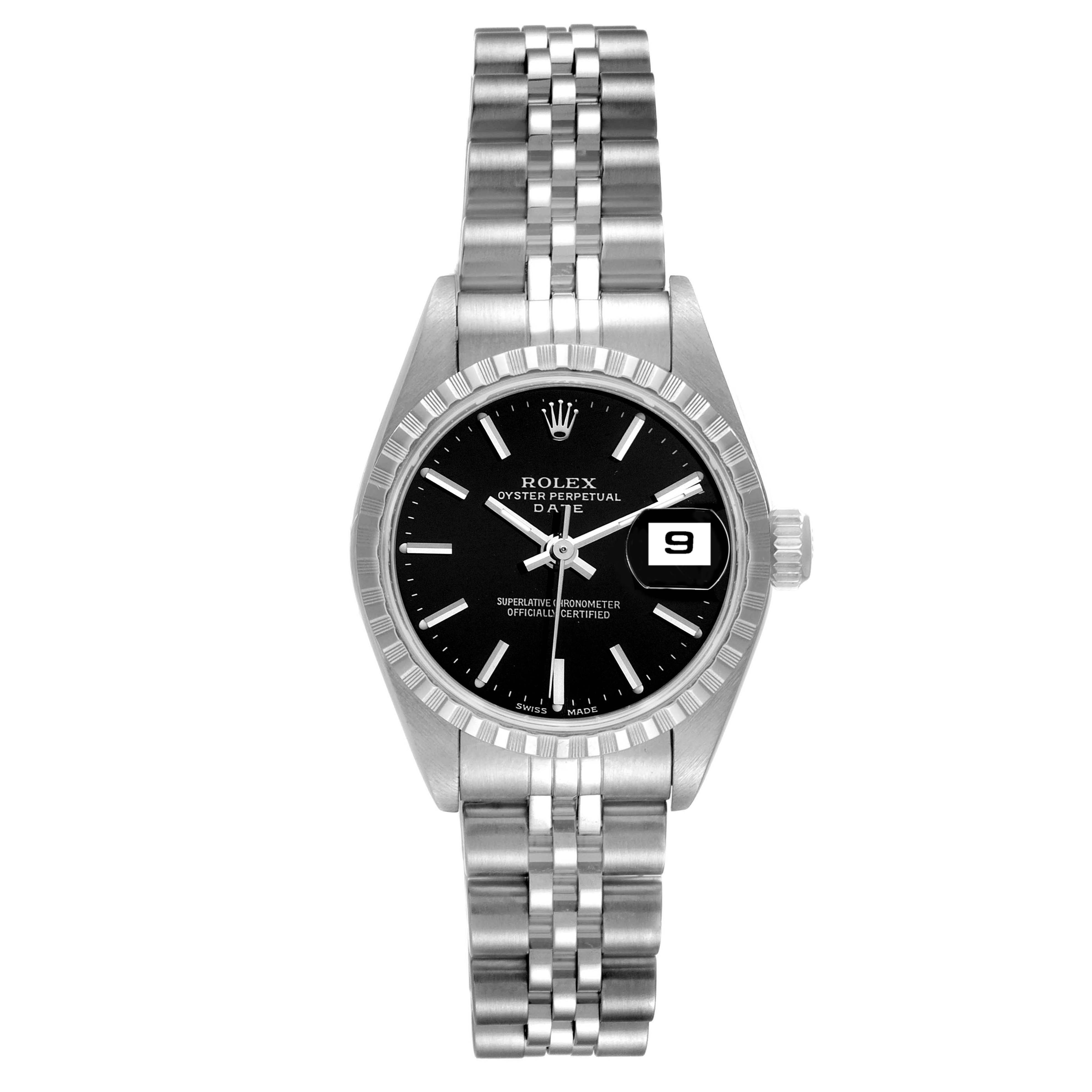 The image shows a front view of a Rolex Date 79240 Women's Stainless Steel Black Dial 79240 Women's Stainless Steel Black Dial model watch, featuring its dial, bezel, and bracelet.
