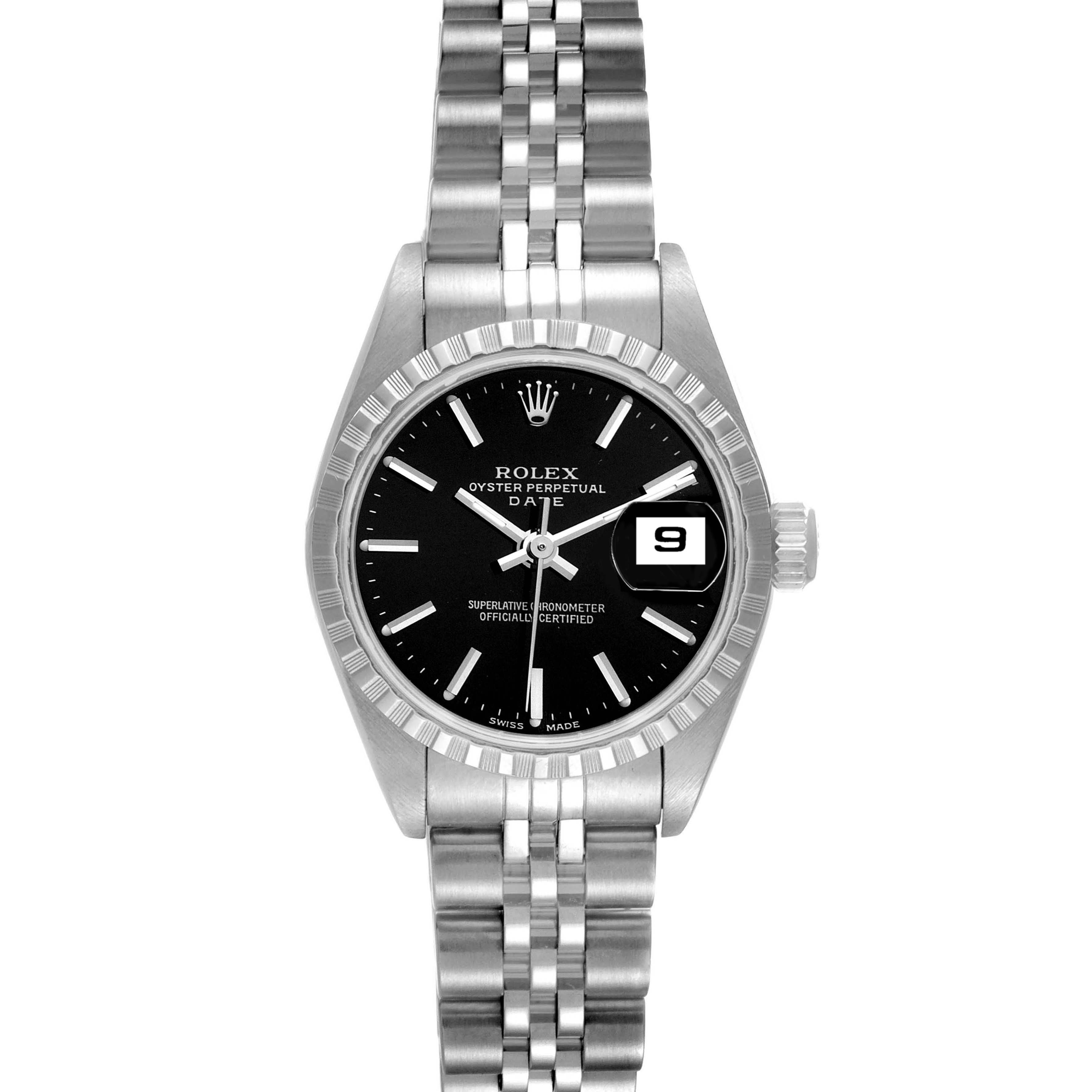 The image shows a front view of the Rolex Oyster Perpetual Date watch, highlighting its black dial, date window, and Jubilee bracelet.