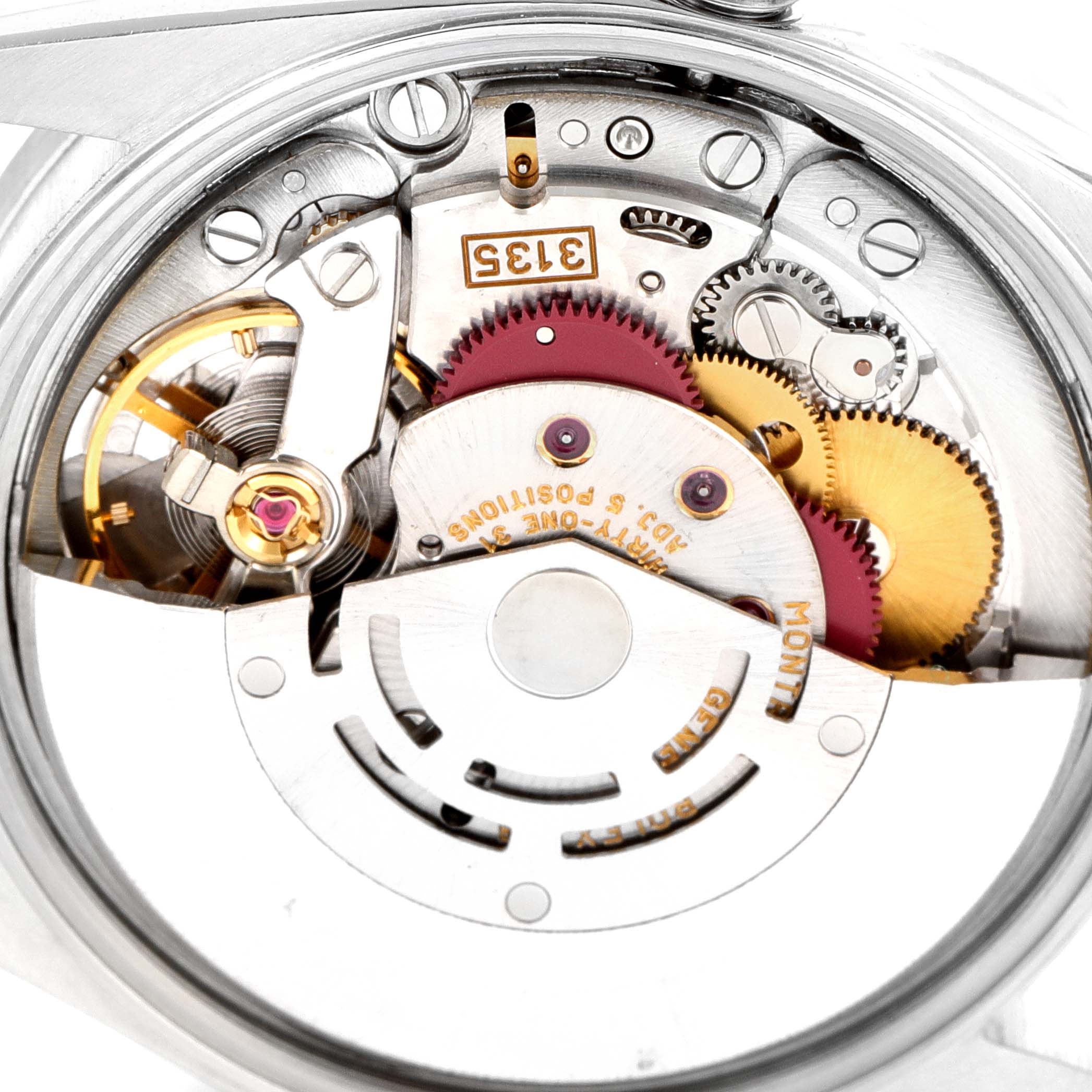 This image shows a close-up view of the intricate inner mechanism of the Rolex Air-King 15210 Men's Stainless Steel Blue Dial 15210 Men's Stainless Steel Blue Dial watch, highlighting gears and components.