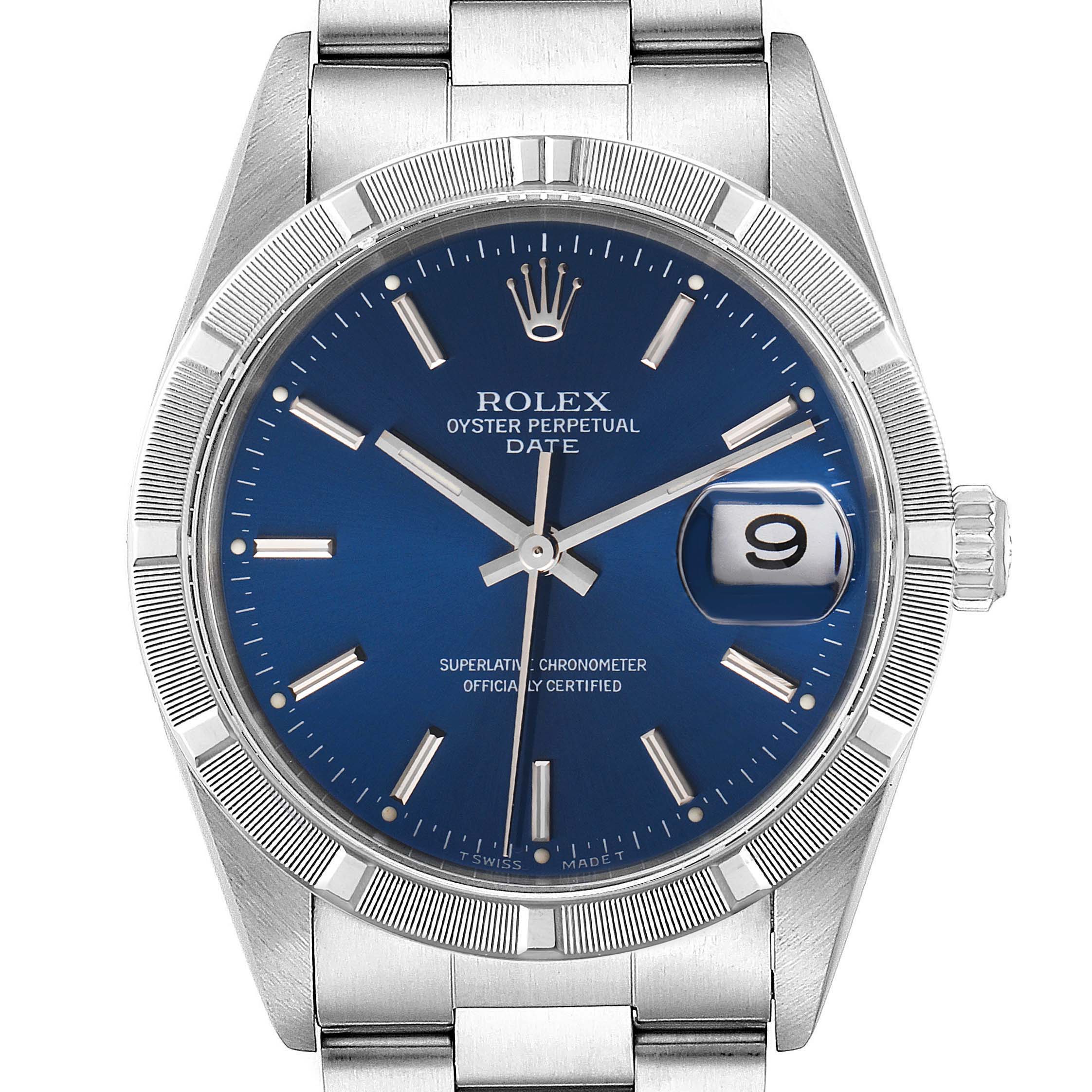 This image shows a front view of the Rolex Air-King 15210 Men's Stainless Steel Blue Dial 15210 Men's Stainless Steel Blue Dial watch, highlighting its blue dial, bezel, and bracelet.