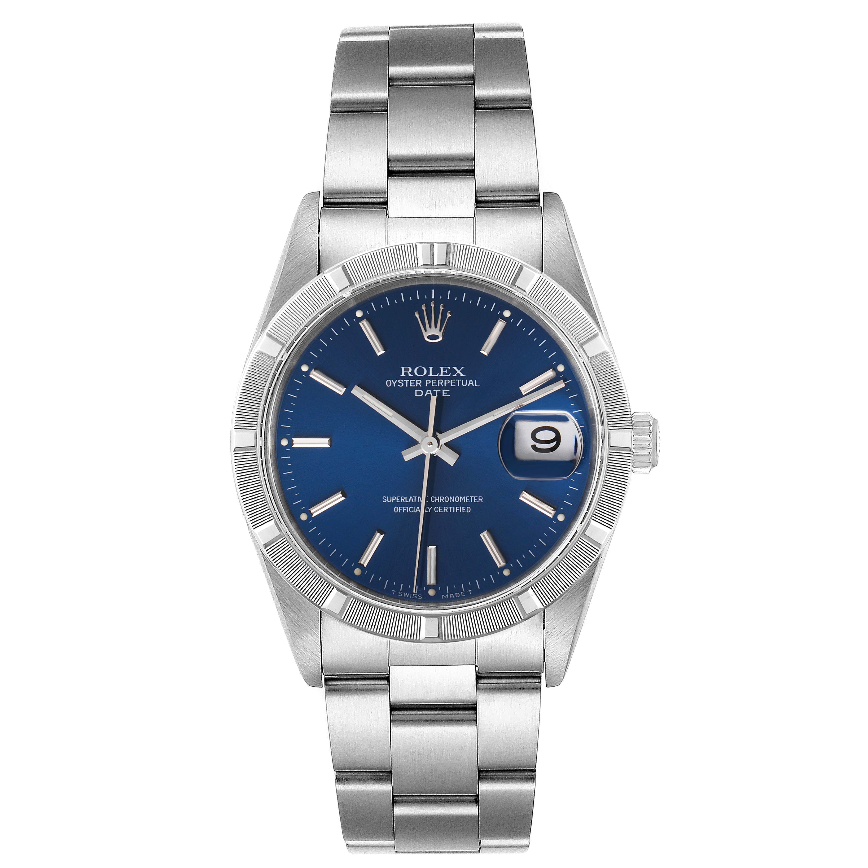 The image shows a front angle view of a Rolex Air-King 15210 Men's Stainless Steel Blue Dial 15210 Men's Stainless Steel Blue Dial watch, displaying its dial, bezel, bracelet, and date window.