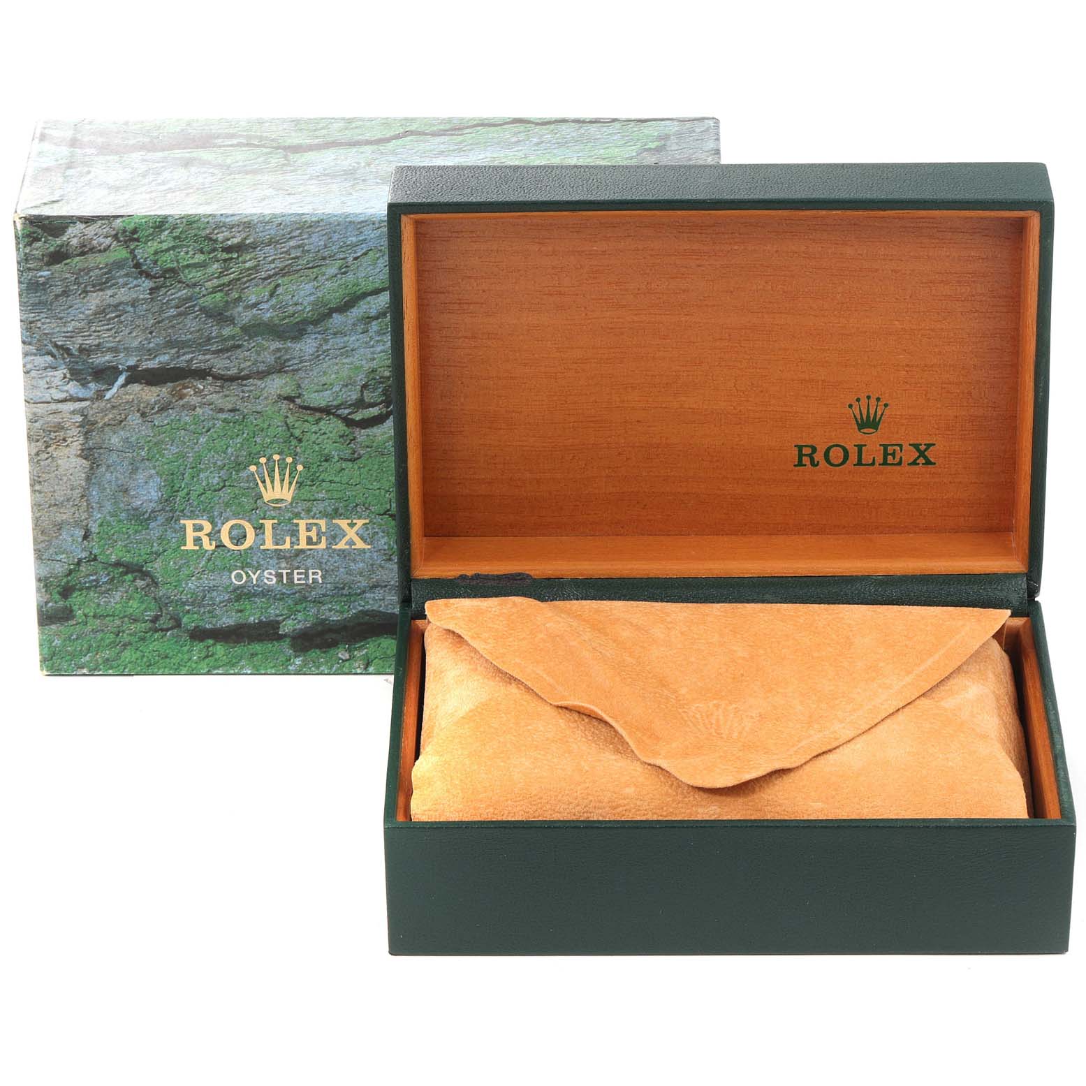 This image shows an open Rolex Air-King 15210 Men's Stainless Steel Blue Dial 15210 Men's Stainless Steel Blue Dial watch box with an exterior box, an inner wooden box, and a protective suede cloth.