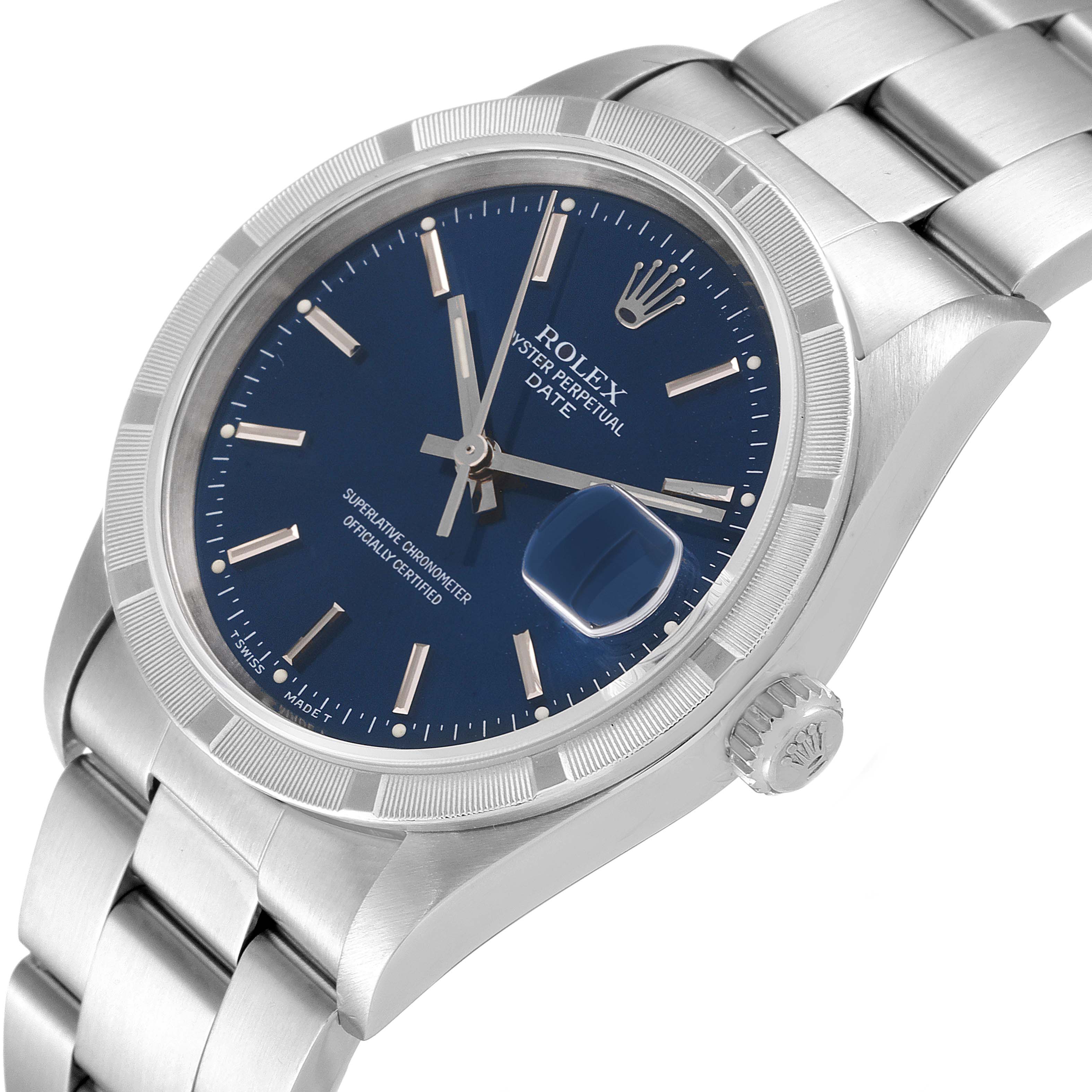 The Rolex Air-King 15210 Men's Stainless Steel Blue Dial 15210 Men's Stainless Steel Blue Dial watch is shown at an angled view highlighting its face, bezel, crown, and bracelet.