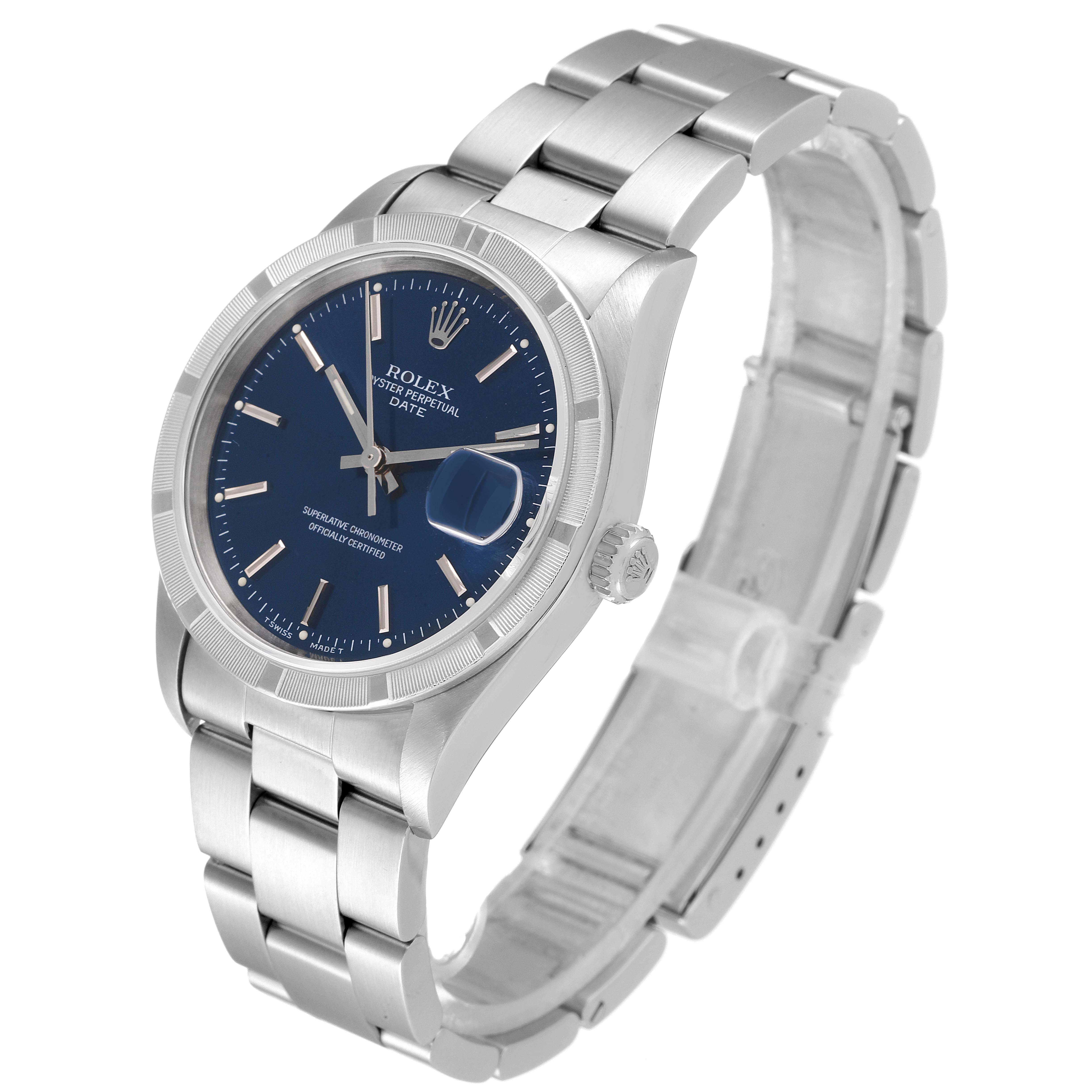 The Rolex Air-King 15210 Men's Stainless Steel Blue Dial 15210 Men's Stainless Steel Blue Dial watch is shown at a slight angle, displaying the face, band, bezel, and crown.