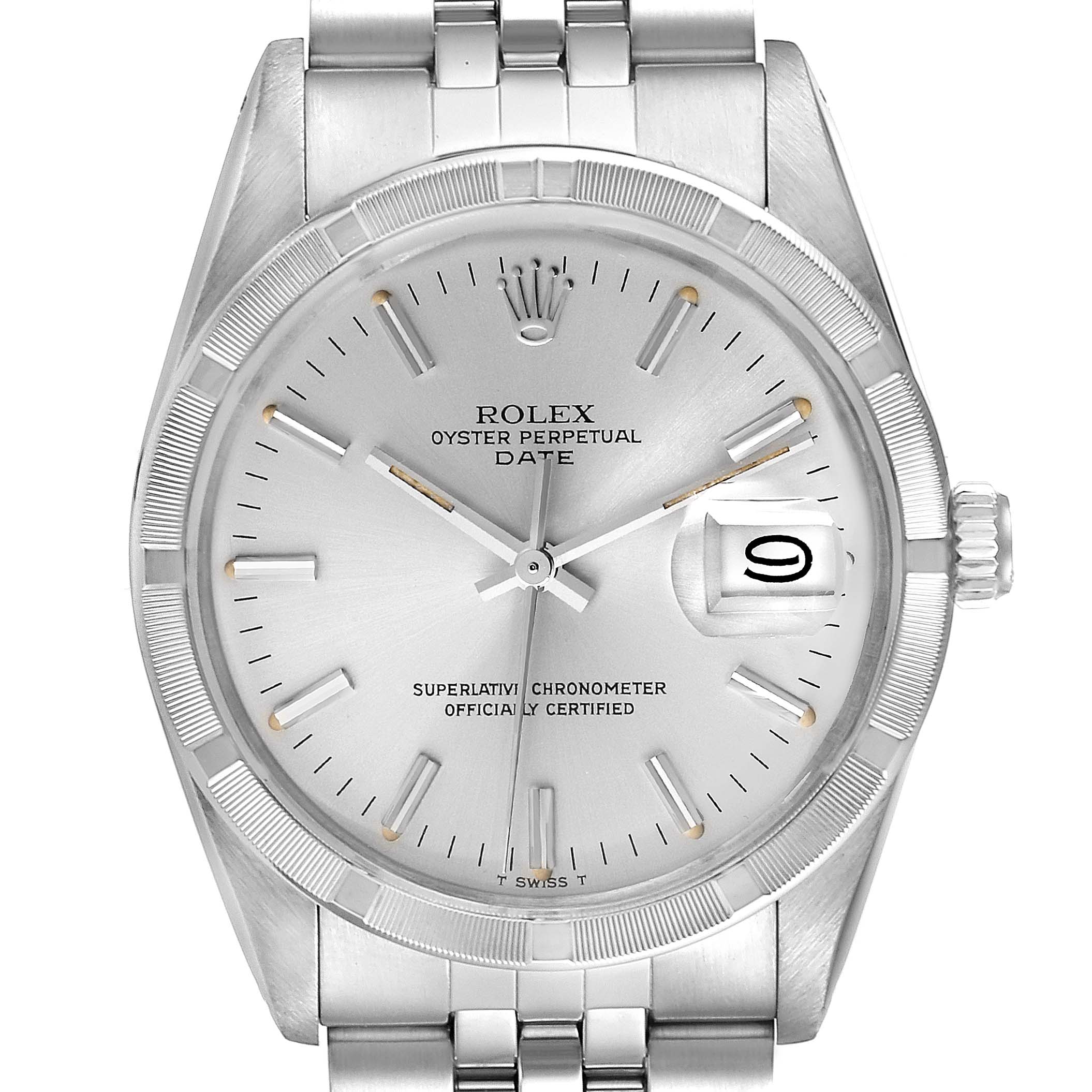 The image shows a front view of the Rolex Vintage Collection 15010 Men's Stainless Steel Silver Dial 15010 Men's Stainless Steel Silver Dial watch, displaying the face, bezel, crown, and part of the bracelet.