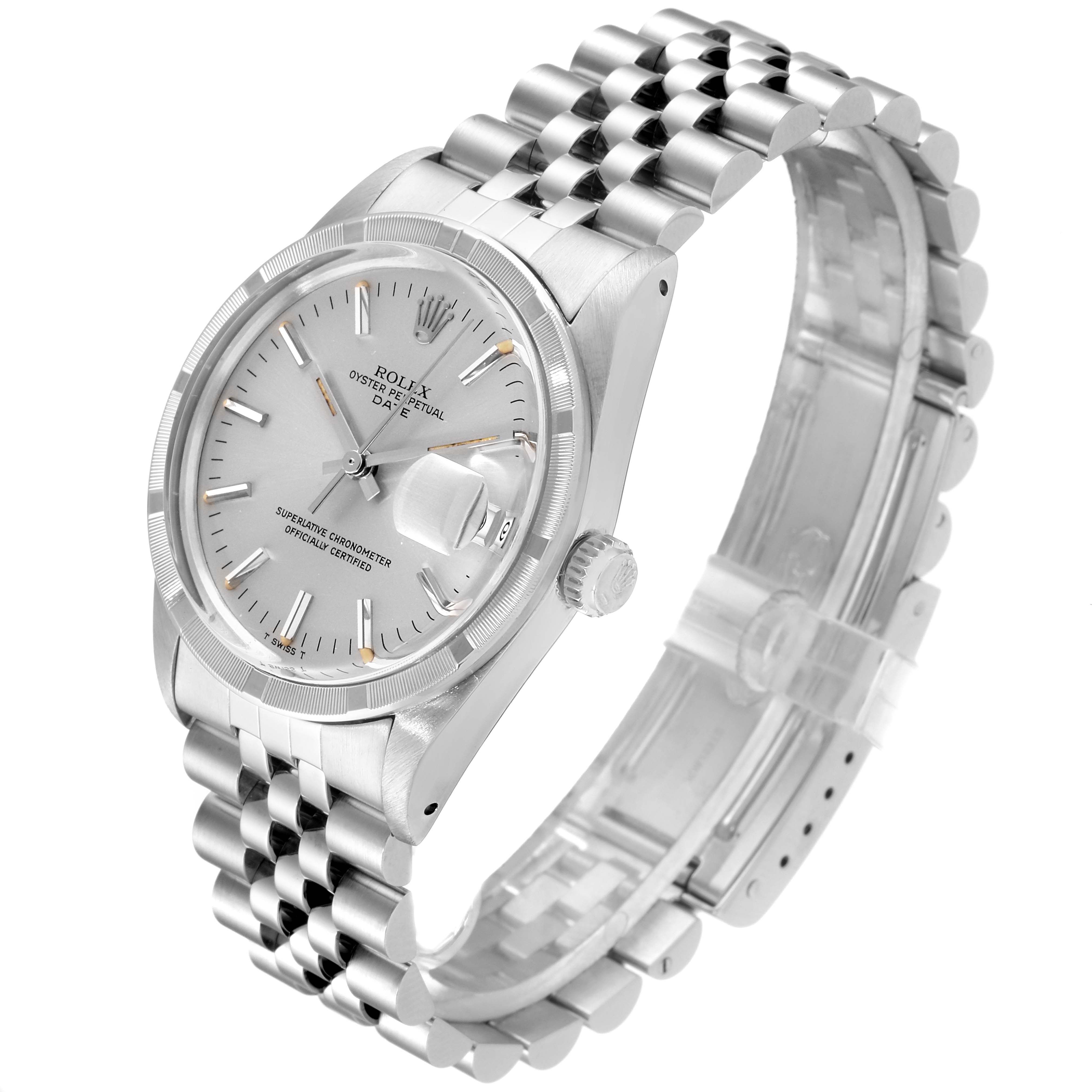 The vintage Rolex watch is shown from a side angle, highlighting the dial, crown, and Jubilee bracelet.