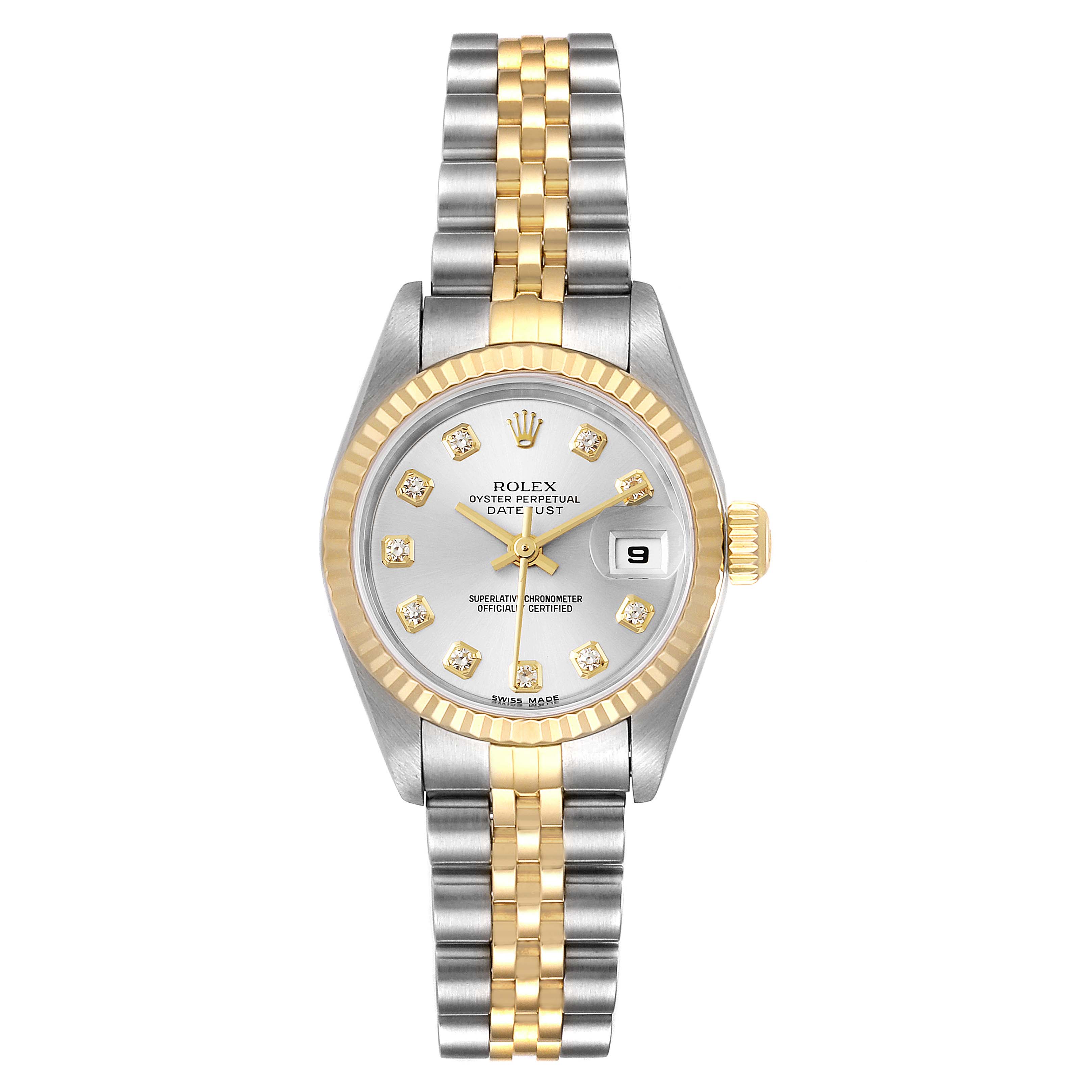 The image shows a frontal view of a Rolex Datejust 79173 Women's Steel and Gold (two tone) Silver Dial 79173 Women's Steel and Gold (two tone) Silver Dial watch, displaying its face, bezel, and bracelet.