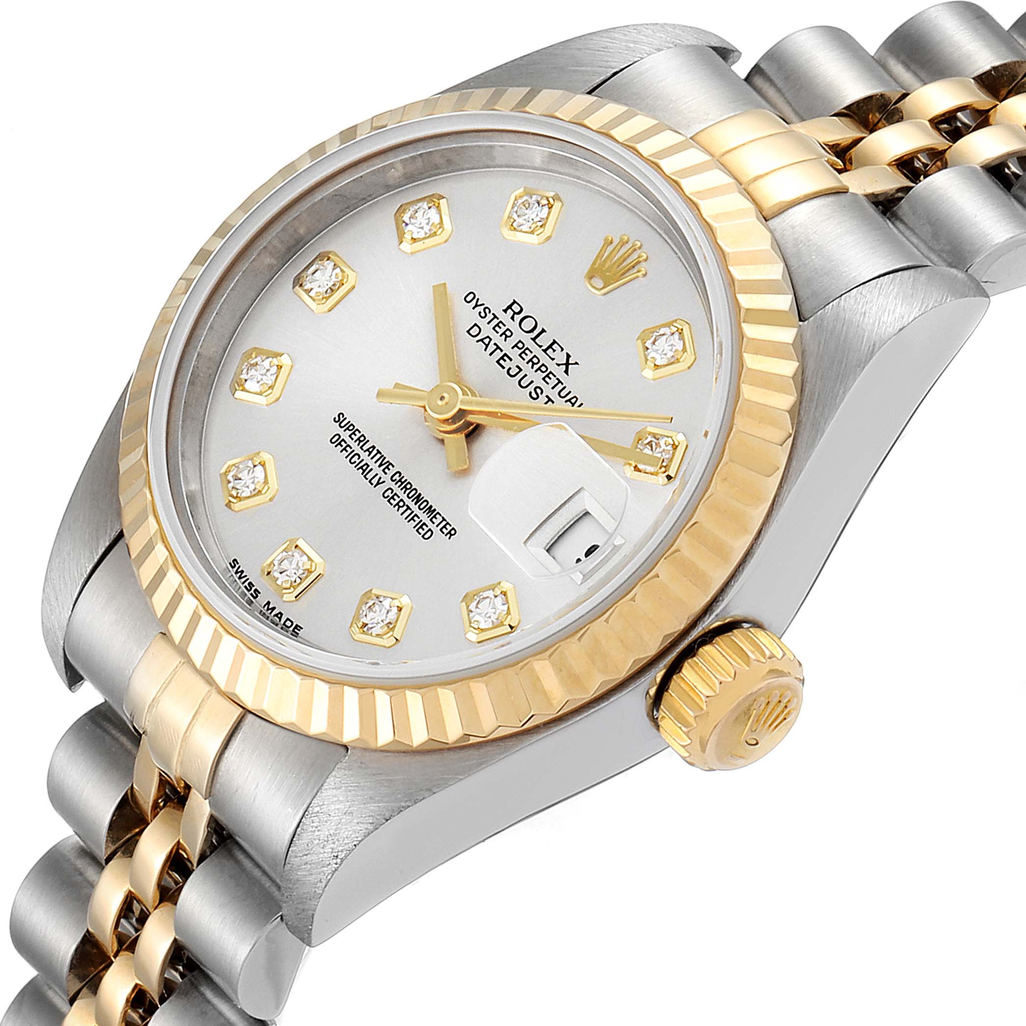 This image of the Rolex Datejust 79173 Women's Steel and Gold (two tone) Silver Dial 79173 Women's Steel and Gold (two tone) Silver Dial model shows an angled view highlighting the dial, bezel, crown, and part of the bracelet.