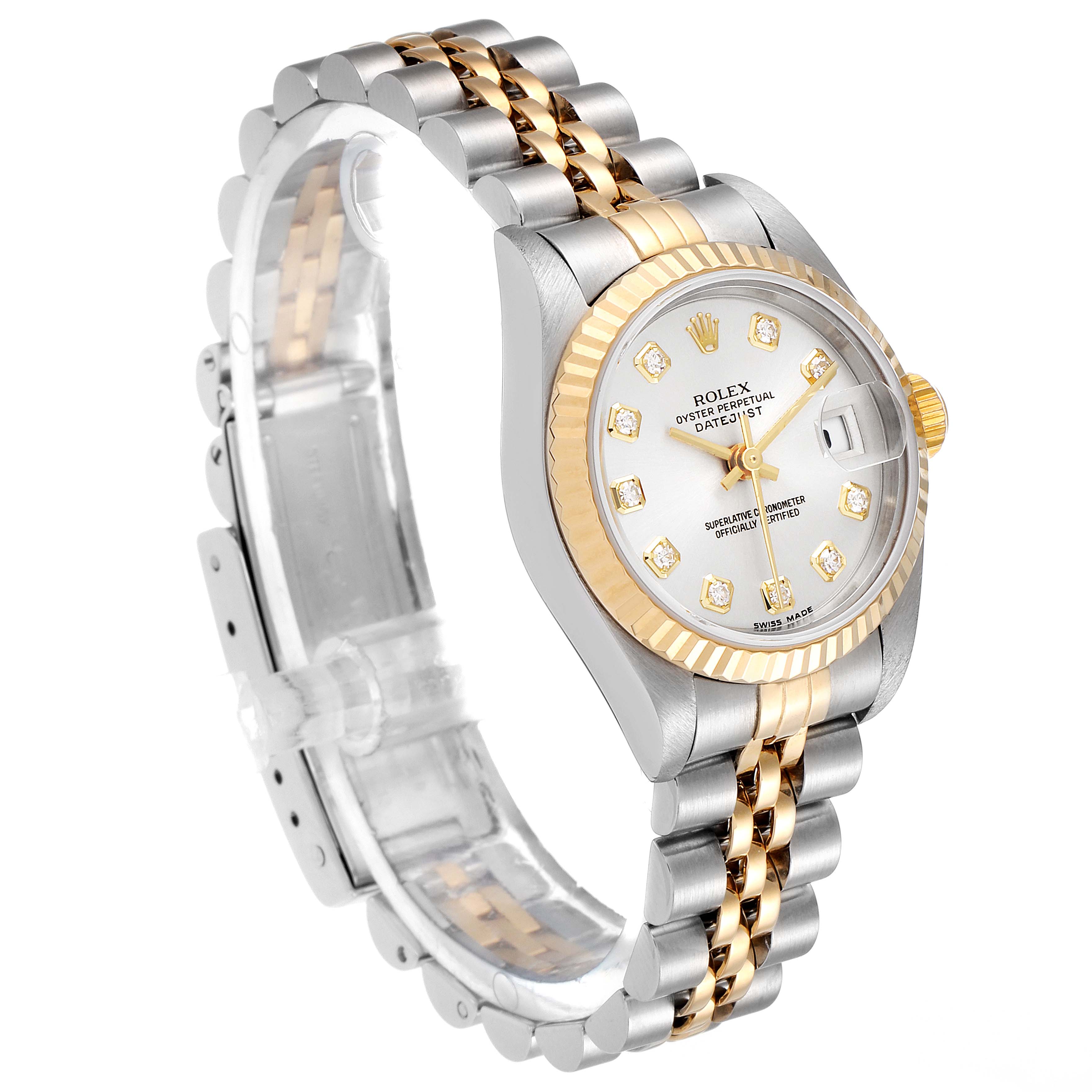 This Rolex Datejust 79173 Women's Steel and Gold (two tone) Silver Dial 79173 Women's Steel and Gold (two tone) Silver Dial watch is shown at a slight angle, displaying its face, bezel, and Jubilee bracelet.