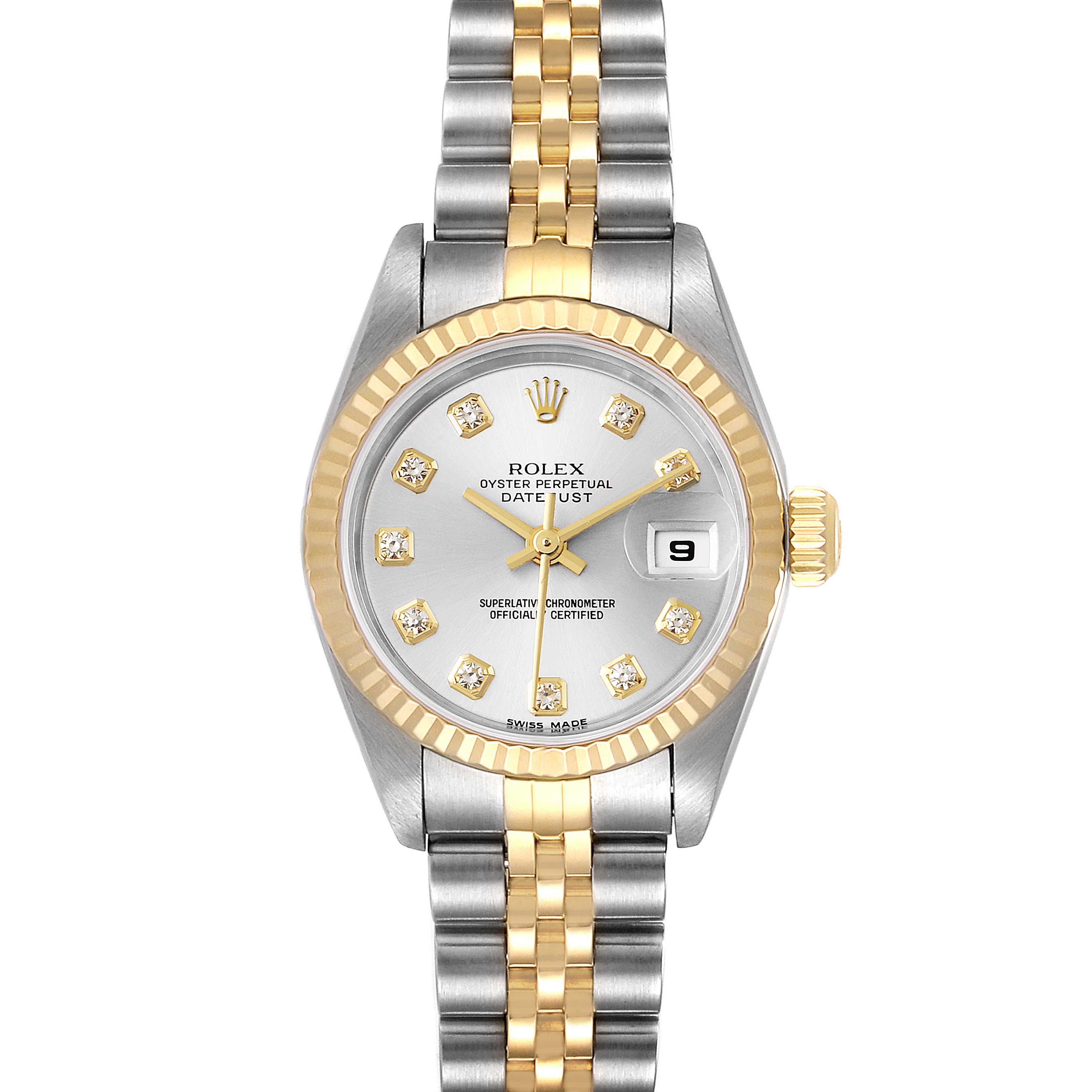 This is a Rolex Datejust 79173 Women's Steel and Gold (two tone) Silver Dial 79173 Women's Steel and Gold (two tone) Silver Dial watch shown from the front, featuring a two-tone bracelet, diamond hour markers, and a date display.