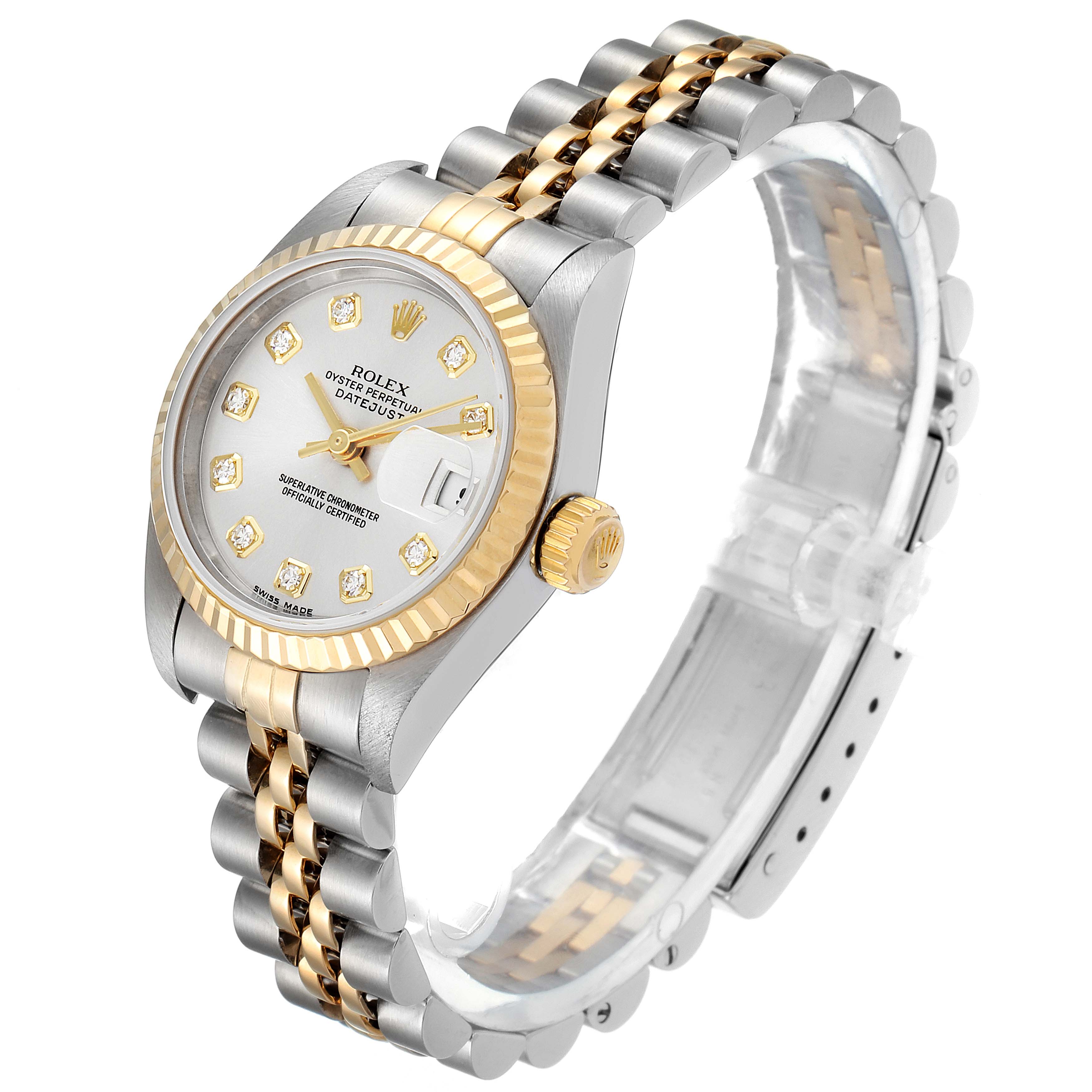 This Rolex Datejust 79173 Women's Steel and Gold (two tone) Silver Dial 79173 Women's Steel and Gold (two tone) Silver Dial watch is shown at an angle highlighting the face, bezel, crown, and two-tone metal bracelet.