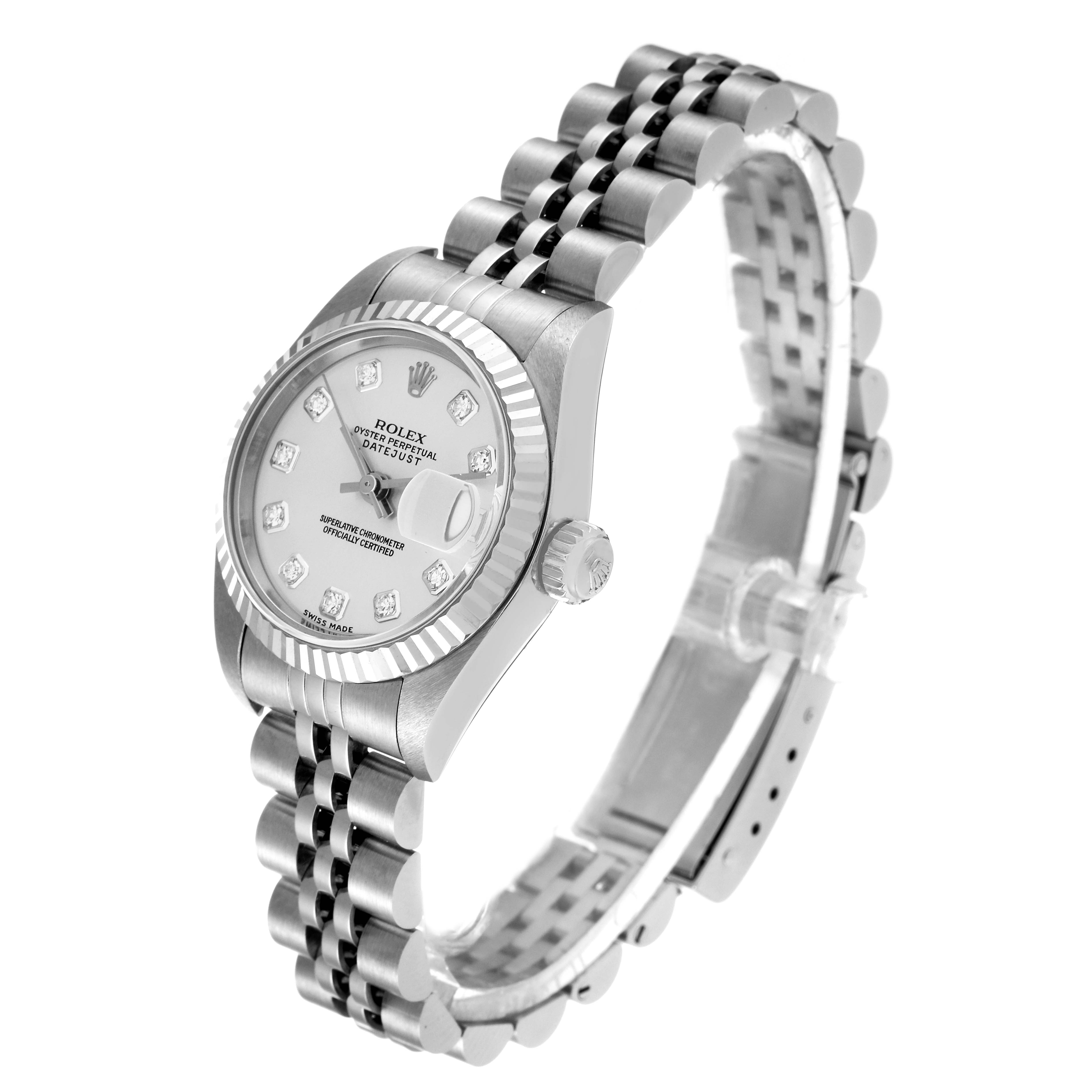The image shows a Rolex Datejust 79174 Women's Stainless Steel Silver Dial 79174 Women's Stainless Steel Silver Dial watch from an angled side view, highlighting the dial, bezel, crown, and bracelet.